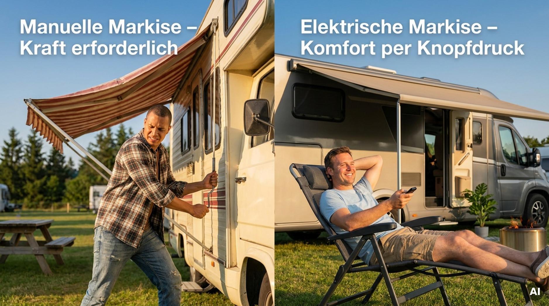 Vergleich zwischen manueller und elektrischer Wohnmobilmarkise mit Person bei sonnigem Wetter