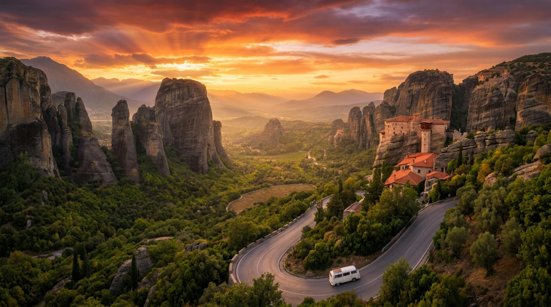 Dramatische Landschaftsaufnahme der Meteora-Klöster bei Sonnenuntergang mit Wohnmobil auf der Straße.