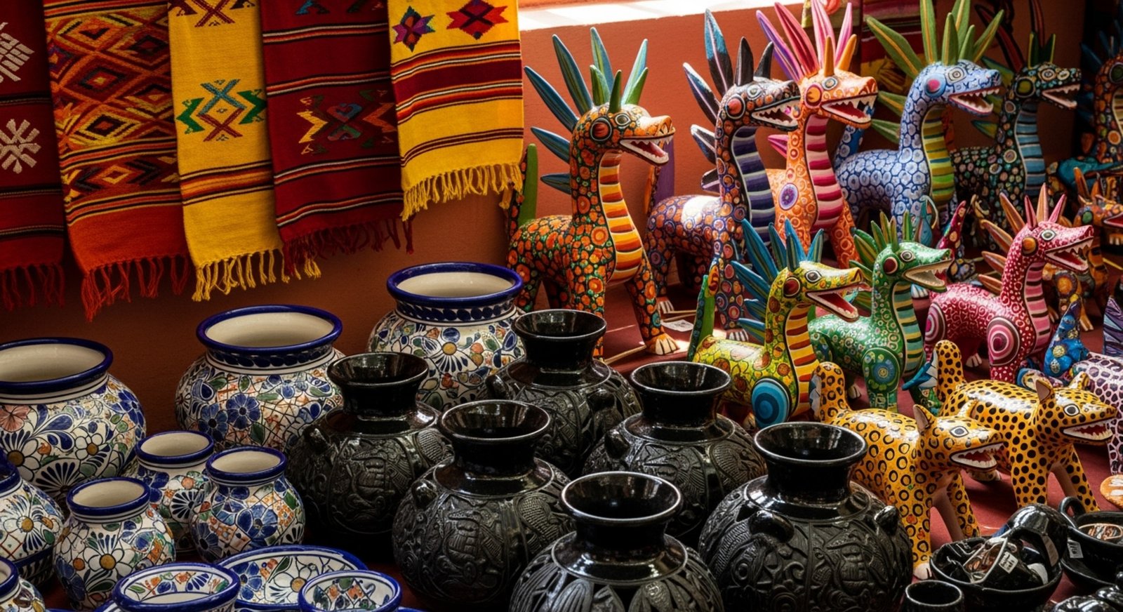 Display of vibrant Mexican folk art including Talavera pottery, Oaxacan ceramics, carved alebrijes, and woven textiles showcasing craftsmanship and cultural richness.