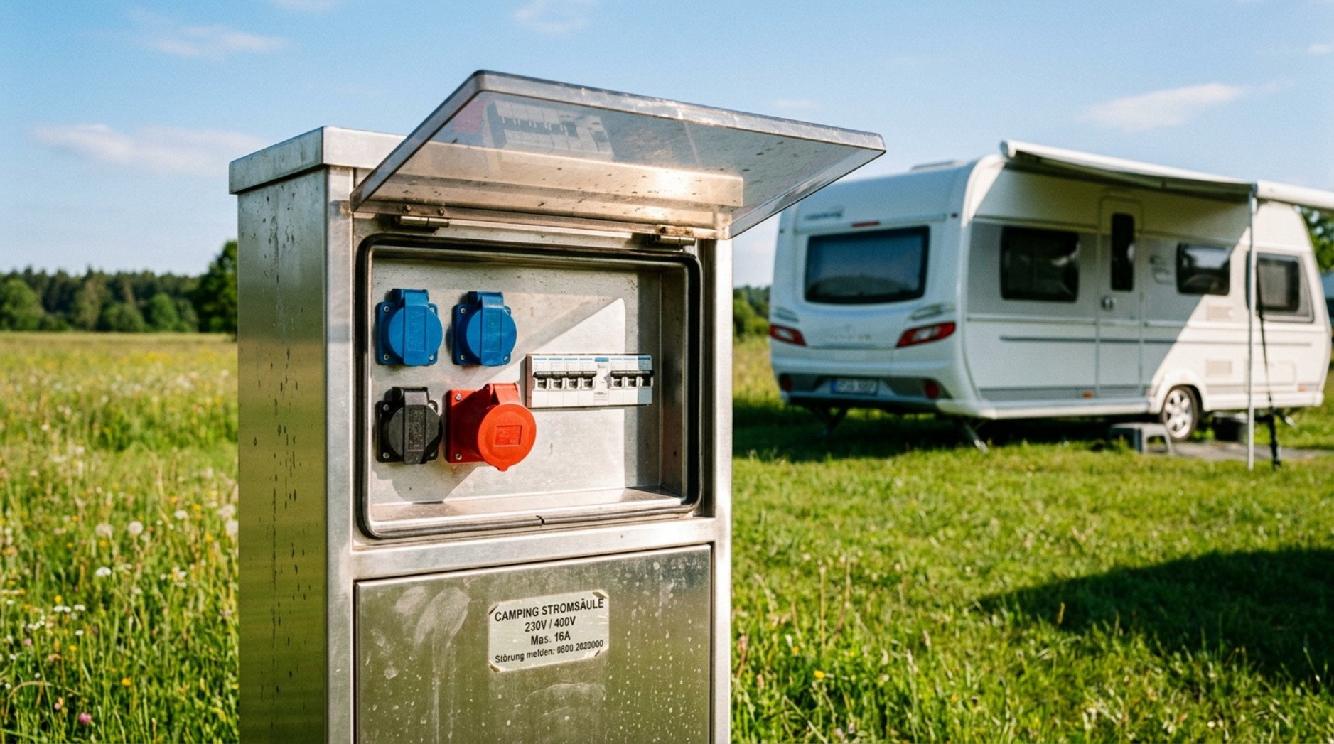 Photorealistische Aufnahme einer Edelstahl-Stromsäule mit geöffnetem Schutzdeckel auf einem Campingplatz bei Sonnenschein.