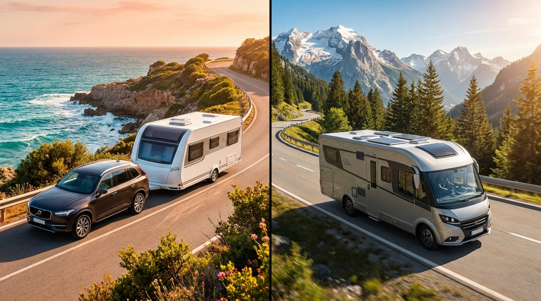 Fotorealistische Gegenüberstellung eines modernen SUVs mit Wohnwagen und eines teilintegrierten Wohnmobils auf Berg- und Küstenstraßen bei Sonnenschein.