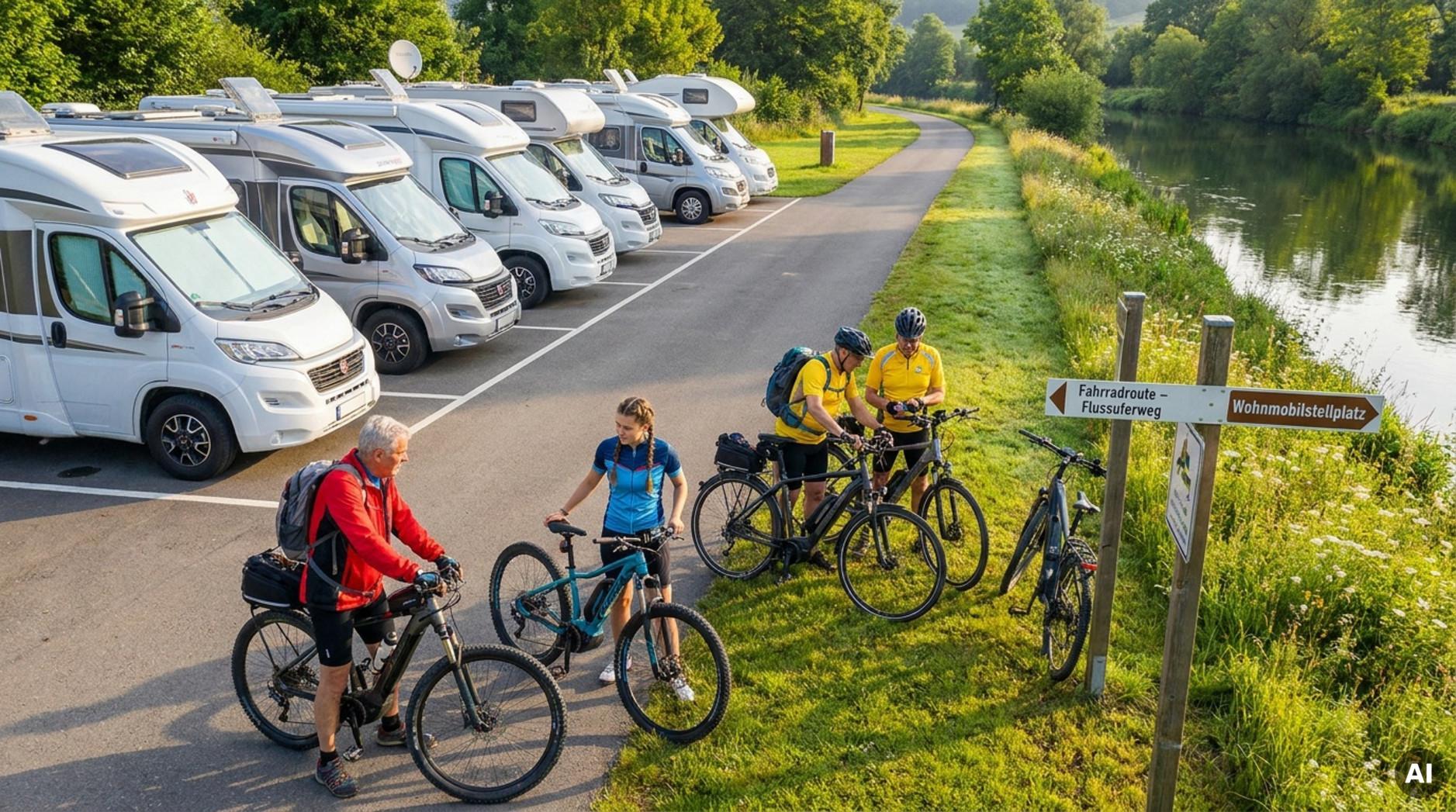 Moderne Wohnmobile parken neben einem Radweg während Radfahrer ihre Fahrräder für eine Tour vorbereiten, bei goldenem Morgenlicht.