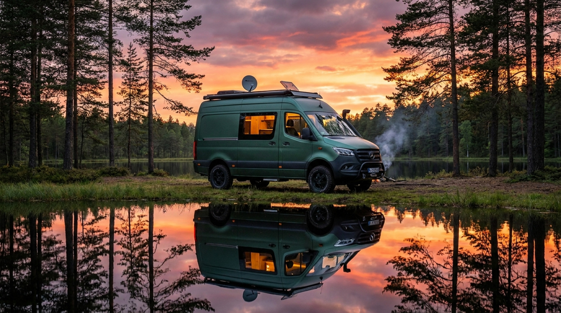 Fotorealistische Aufnahme eines Allrad-Kastenwagens am Waldsee bei Sonnenuntergang mit Offroad-Ausstattung und warmem Licht aus den Fenstern.