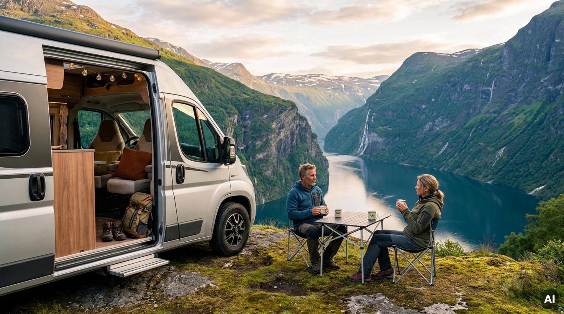 Ein modernes Wohnmobil ist an einem norwegischen Fjord geparkt, mit offenem Seitentür und Blick auf ein gemütliches Inneres. Ein Paar genießt Kaffee am Campingtisch mit Blick auf die atemberaubende Natur.