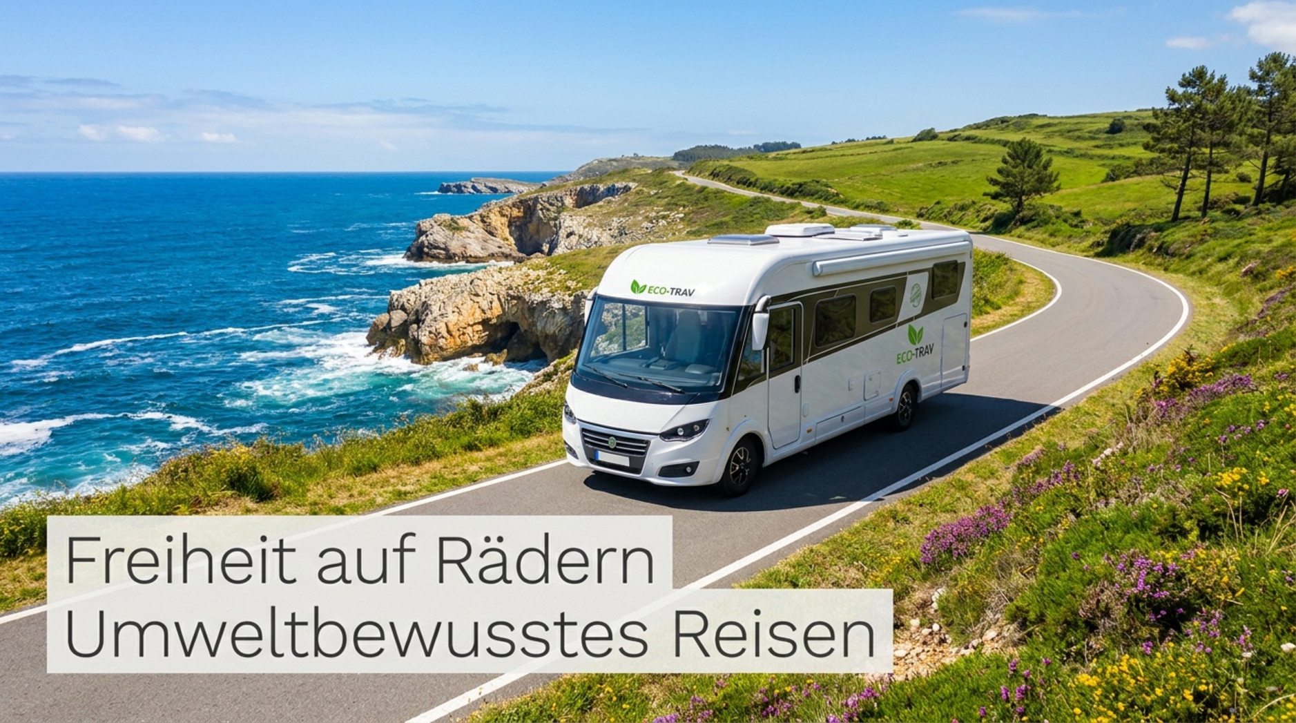Ein modernes Wohnmobil fährt entlang einer kurvenreichen Küstenstraße mit Meer und Hügeln, symbolisiert Freiheit und umweltbewusstes Reisen.