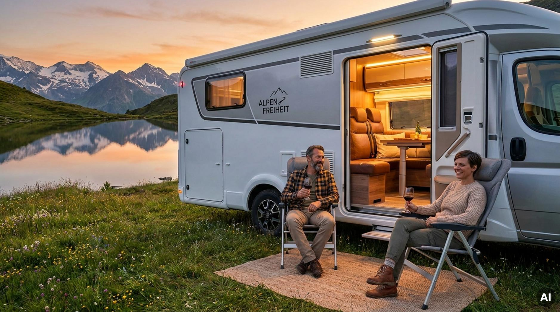 Ein modernes Wohnmobil am See in den Alpen bei Sonnenuntergang mit offenen Türen und entspannten Personen, die Wein genießen.