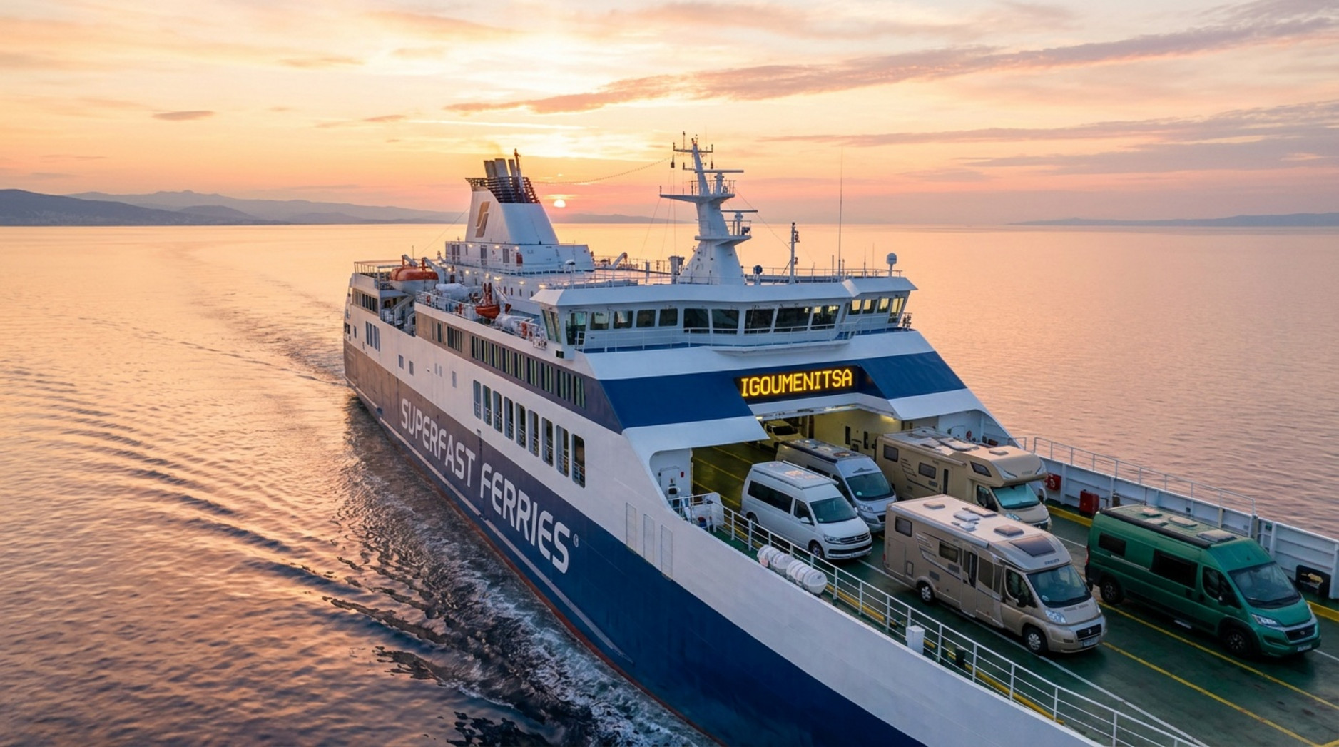 Ein modernes Fährschiff überquert die Adria bei Sonnenaufgang mit Wohnmobilen an Bord. Die ruhige Wasseroberfläche reflektiert den warmen Himmel.