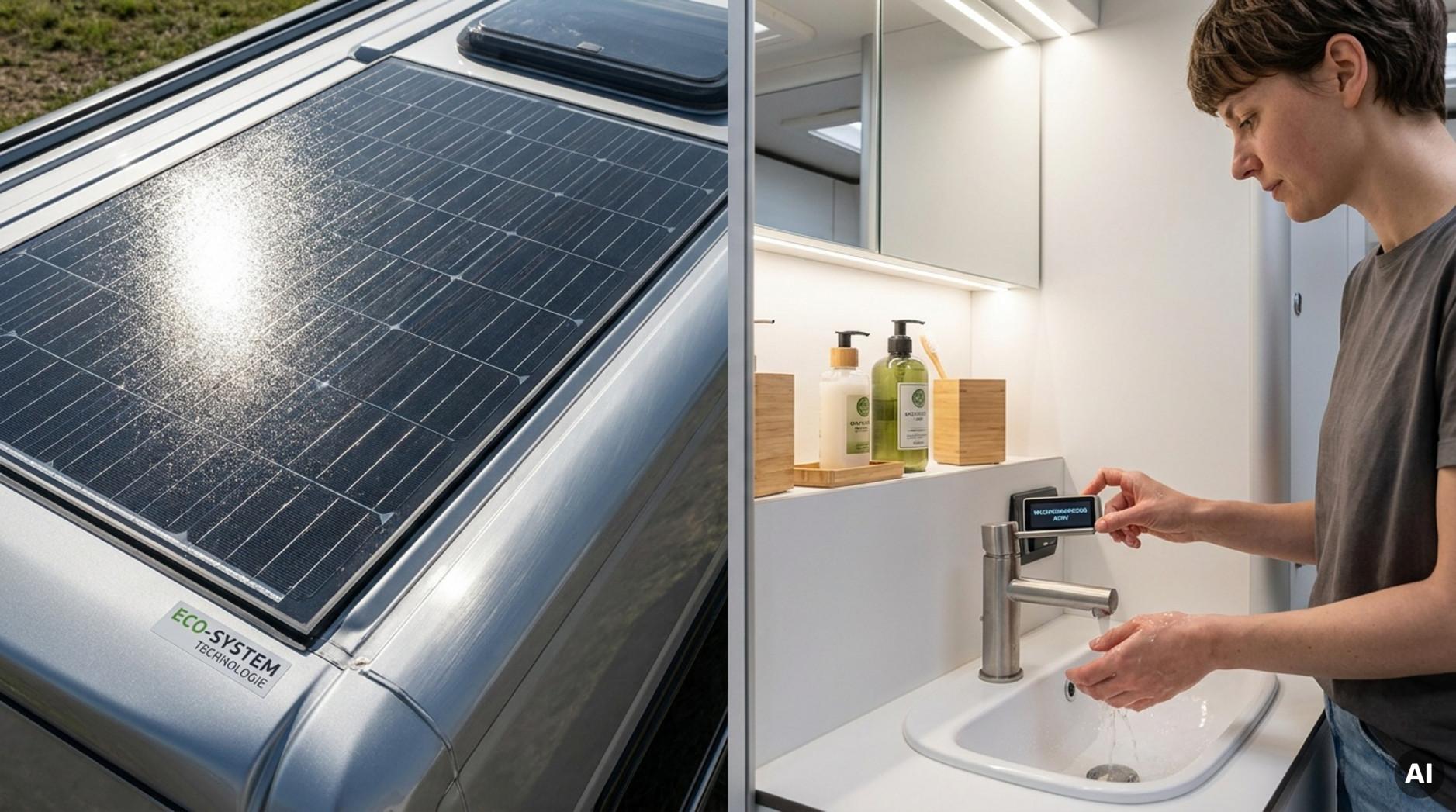 Fotorealistische Nahaufnahme eines nachhaltigen Wohnmobils mit Solarmodul und umweltbewusster Wasserentnahme.