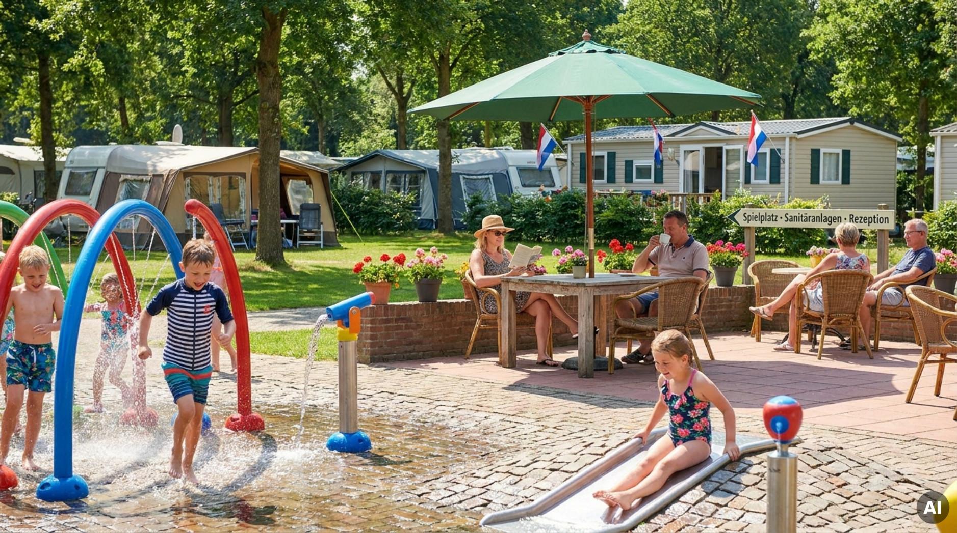 Lebendiges Bild eines familienfreundlichen Campingplatzes mit lachenden Kindern im Wasserspielplatz und entspannten Eltern im Hintergrund