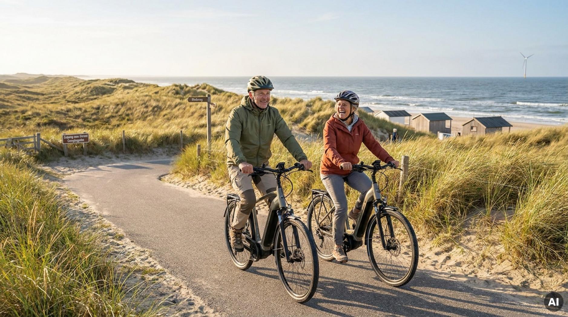 Ein Paar mittleren Alters fährt mit E-Bikes entlang eines Radwegs durch die niederländischen Dünen mit Meer im Hintergrund. Es zeigt die Freude an Bewegung und Natur während eines Campingurlaubs.
