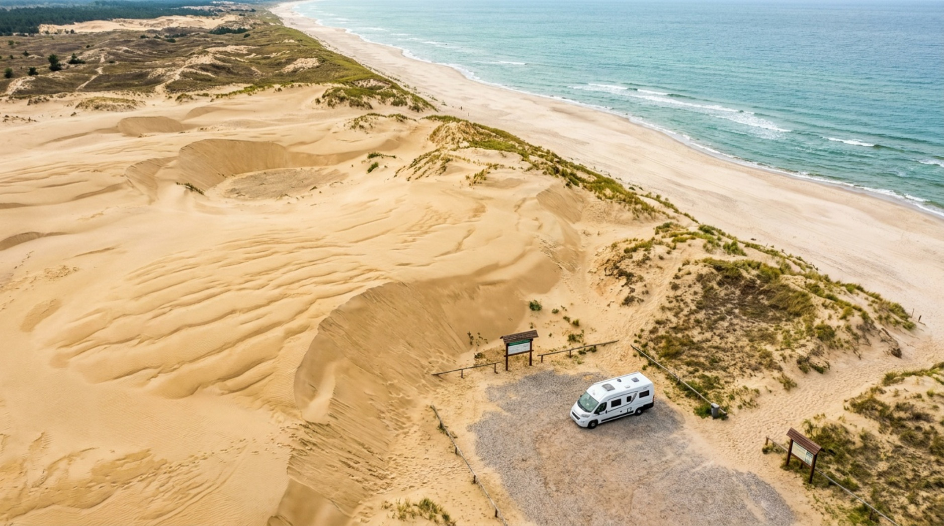 Fotorealistische Drohnenaufnahme der polnischen Ostseeküste bei Leba mit goldenen Wanderdünen und einem Wohnmobil am Strand.