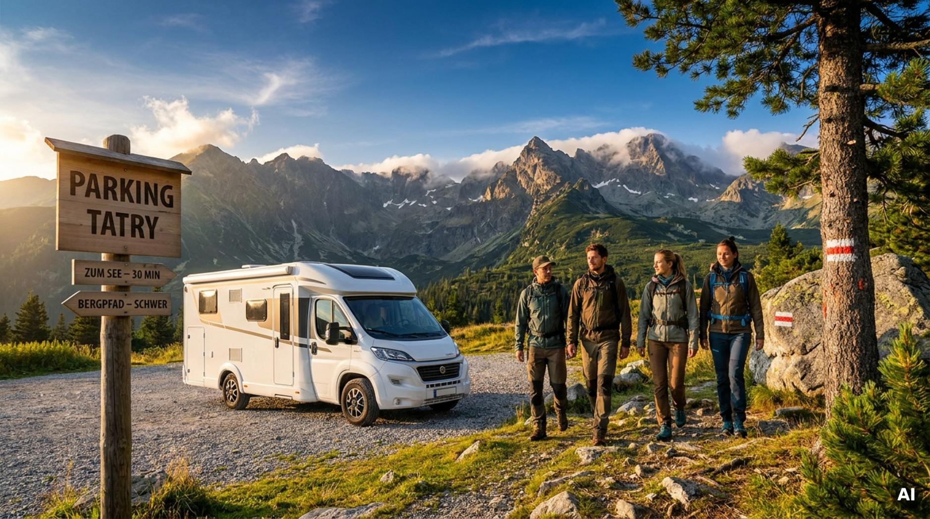 Ein Camper auf einem Parkplatz in den polnischen Tatra-Bergen mit Wanderern auf dem Weg zu den Gipfeln.