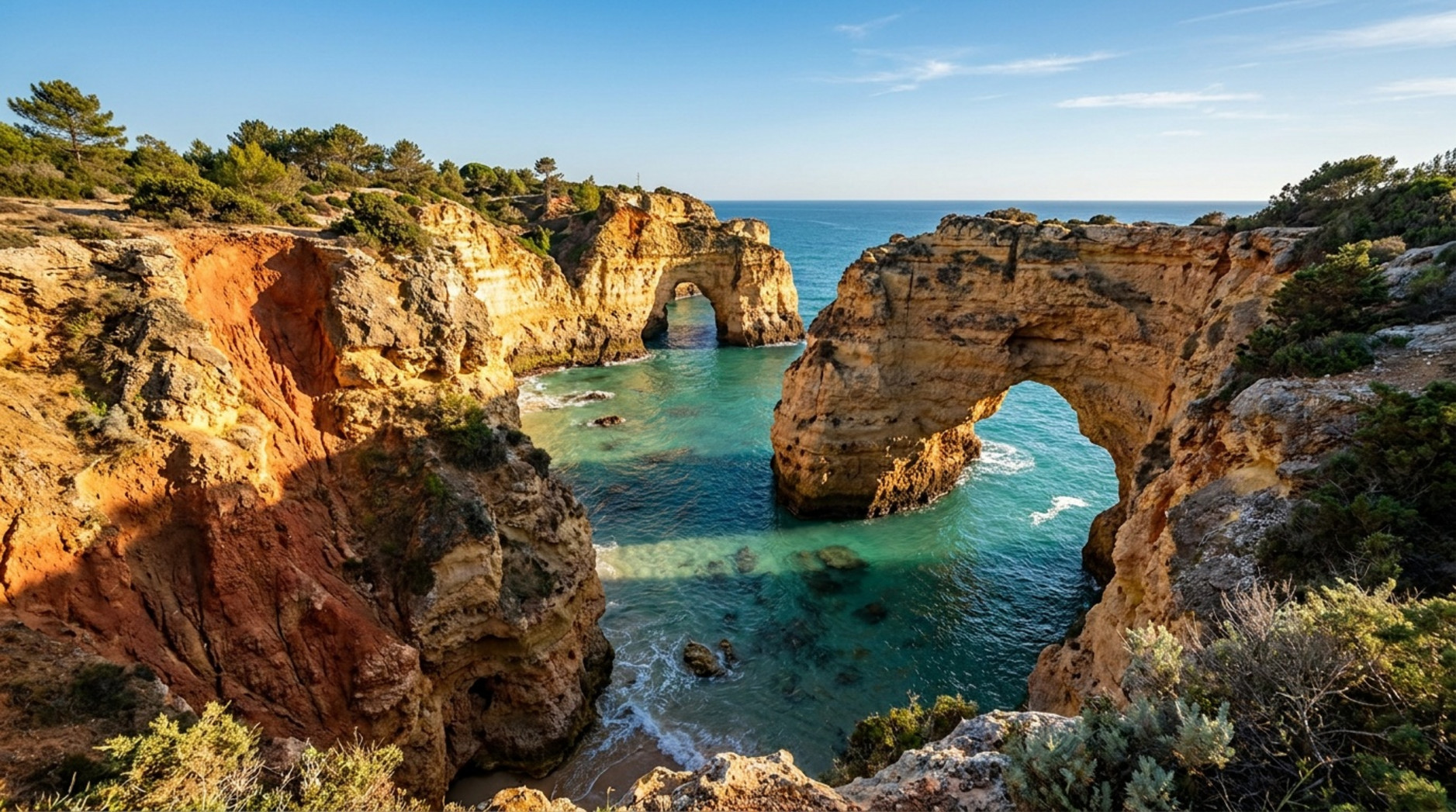 Die roten und goldenen Sandsteinfelsen der Praia da Marinha umgeben das klare türkisblaue Meer und die mediterrane Vegetation.
