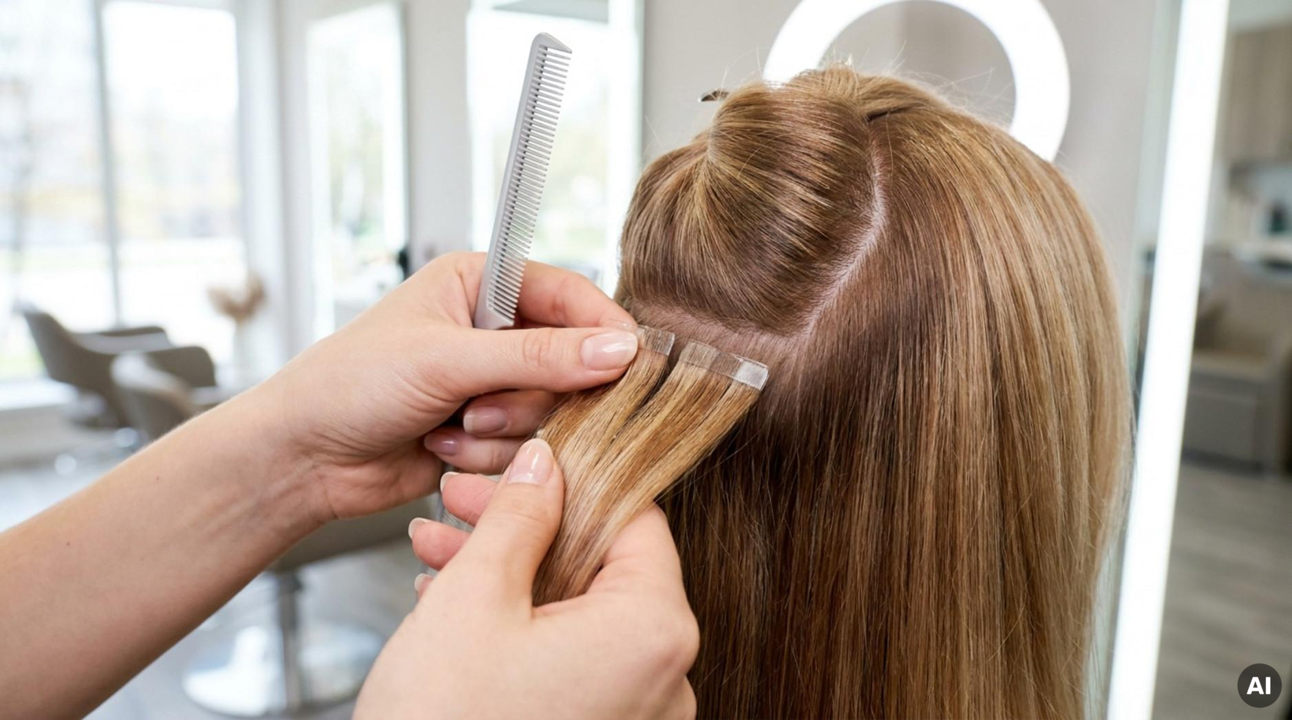 A stylist attaches tape-in hair extensions to a client's natural hair in a modern salon for a seamless look.