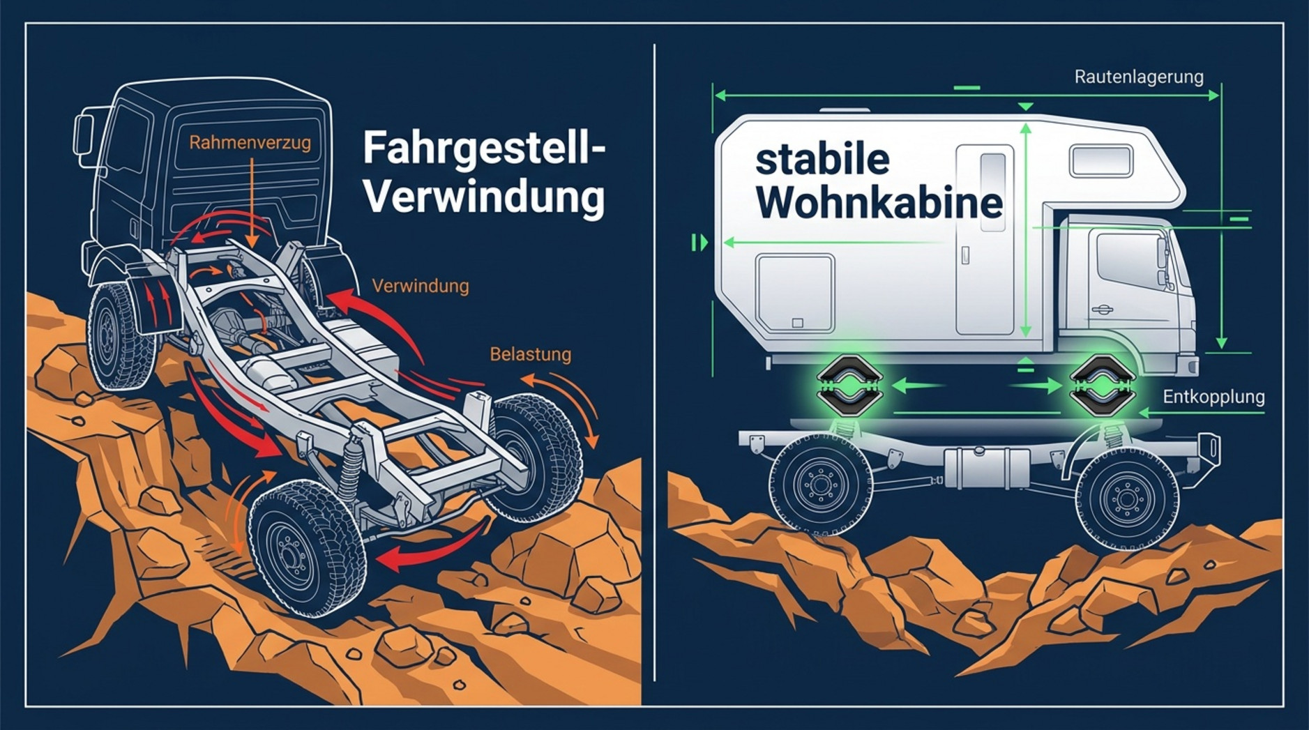 Technische Infografik zeigt die Funktion einer Rautenlagerung zur Entkopplung von Wohnkabine und Lkw-Fahrgestell mit Diagramm und Beschriftungen.