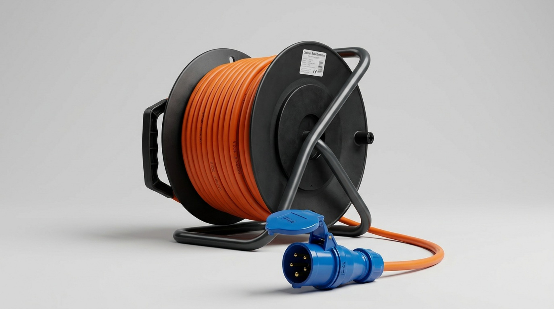 Produktaufnahme einer wetterfesten Kabeltrommel mit leuchtend orangeem Gummikabel und blauem Stecker für den Außenbereich.