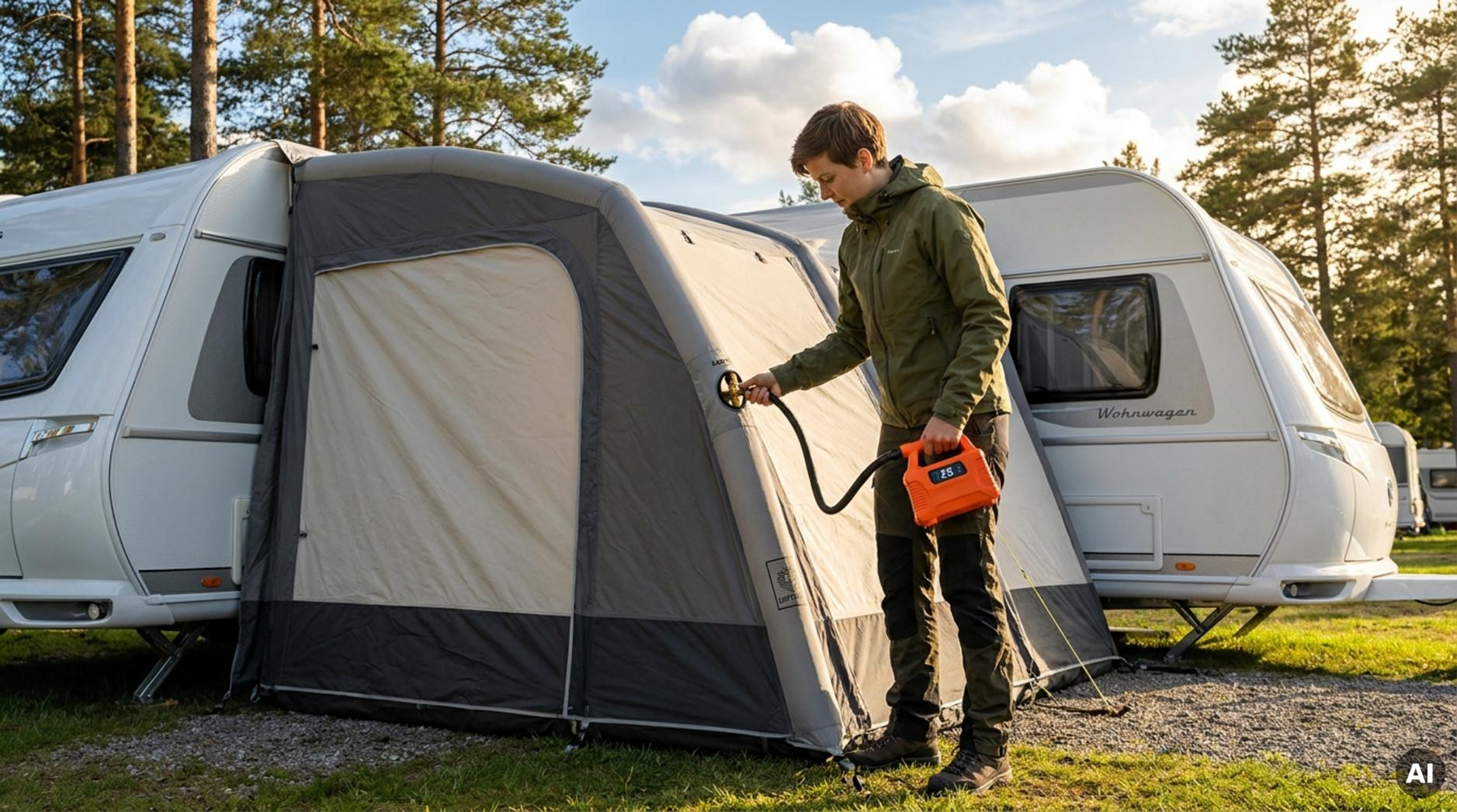 Person pumpt ein Luftvorzelt neben einem Wohnwagen auf einem Campingplatz auf, zeigt den schnellen und modernen Aufbau des Zeltes.