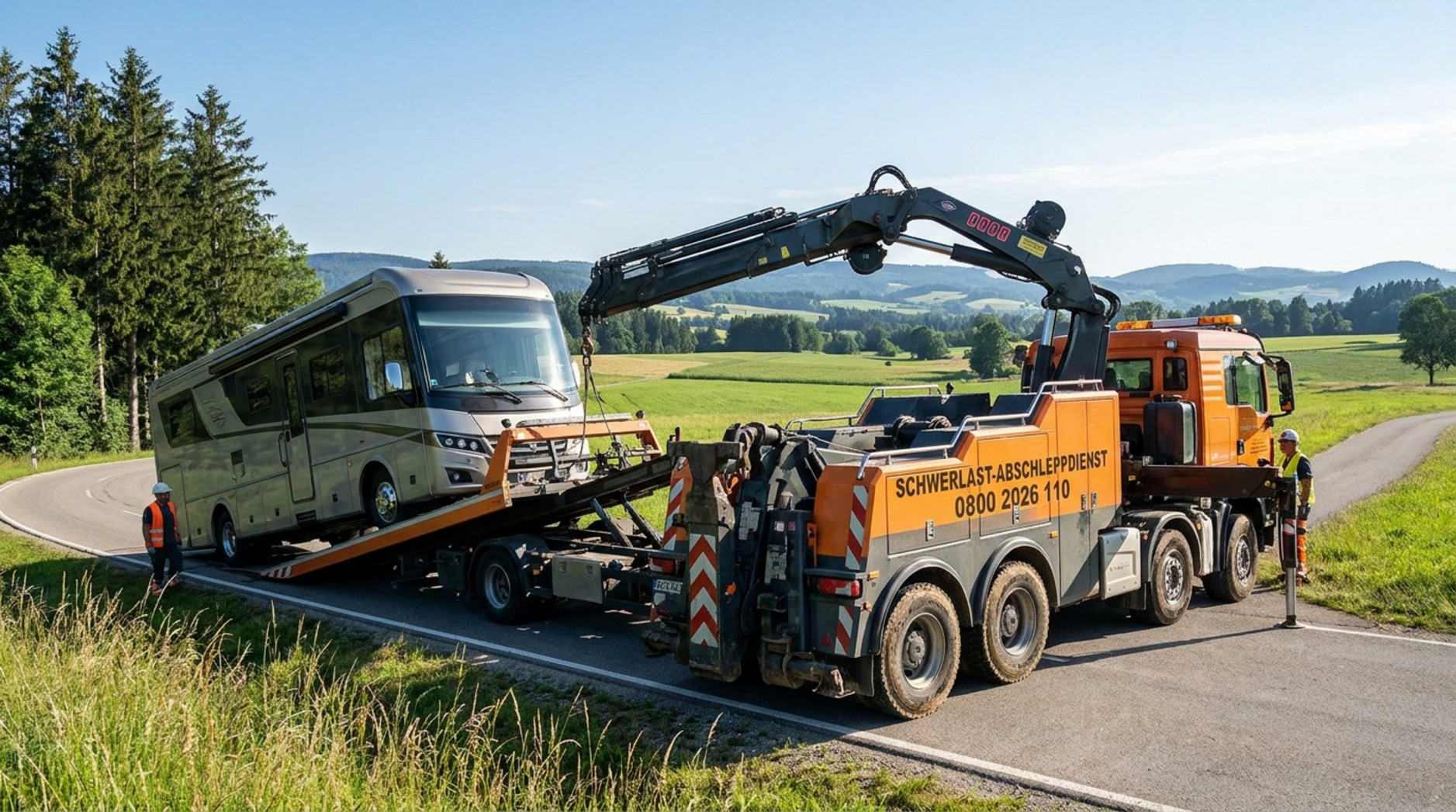 Ein schwerer Abschleppwagen hebt ein großes luxuriöses Wohnmobil auf einer Landstraße bei Tag. Die Szene zeigt die massive Ausrüstung und die vorsichtige Handhabung des Fahrzeugs.