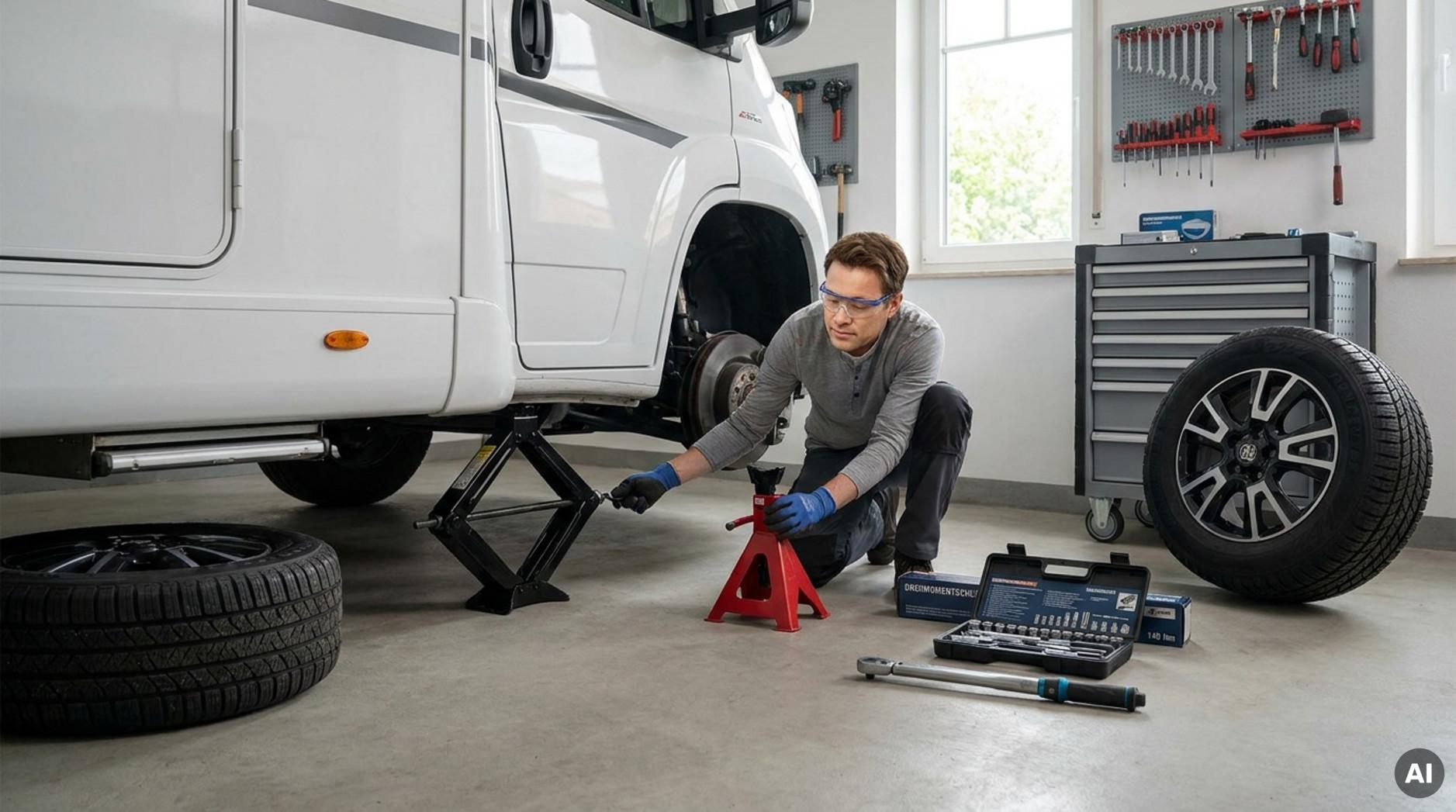 Eine Person wechselt sicher einen Reifen an einem Wohnmobil in einer sauberen Garage mit Werkzeugen bereit.