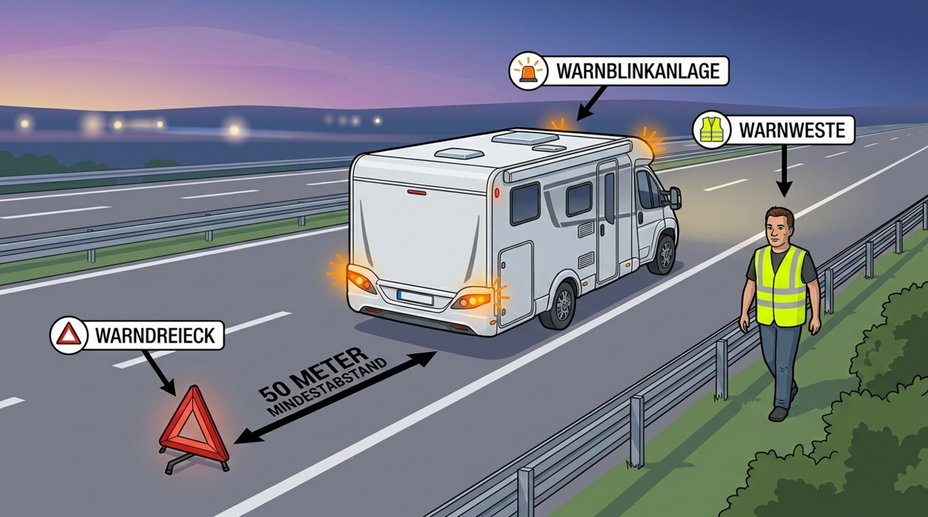 Eine lehrreiche Illustration zeigt eine Person in Warnweste, die bei Dämmerung ein Warndreieck hinter einem Wohnmobil aufstellt, um Sicherheitsmaßnahmen an einer Pannenstelle zu demonstrieren.