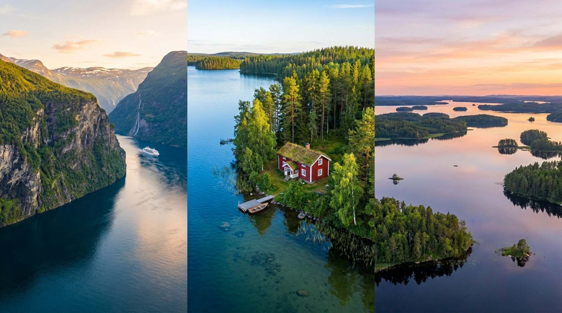 A atemberaubendes Landschaftspanorama zeigt die Vielfalt Skandinaviens mit Fjord, Holzhaus und Seen in lebendigen Farben.