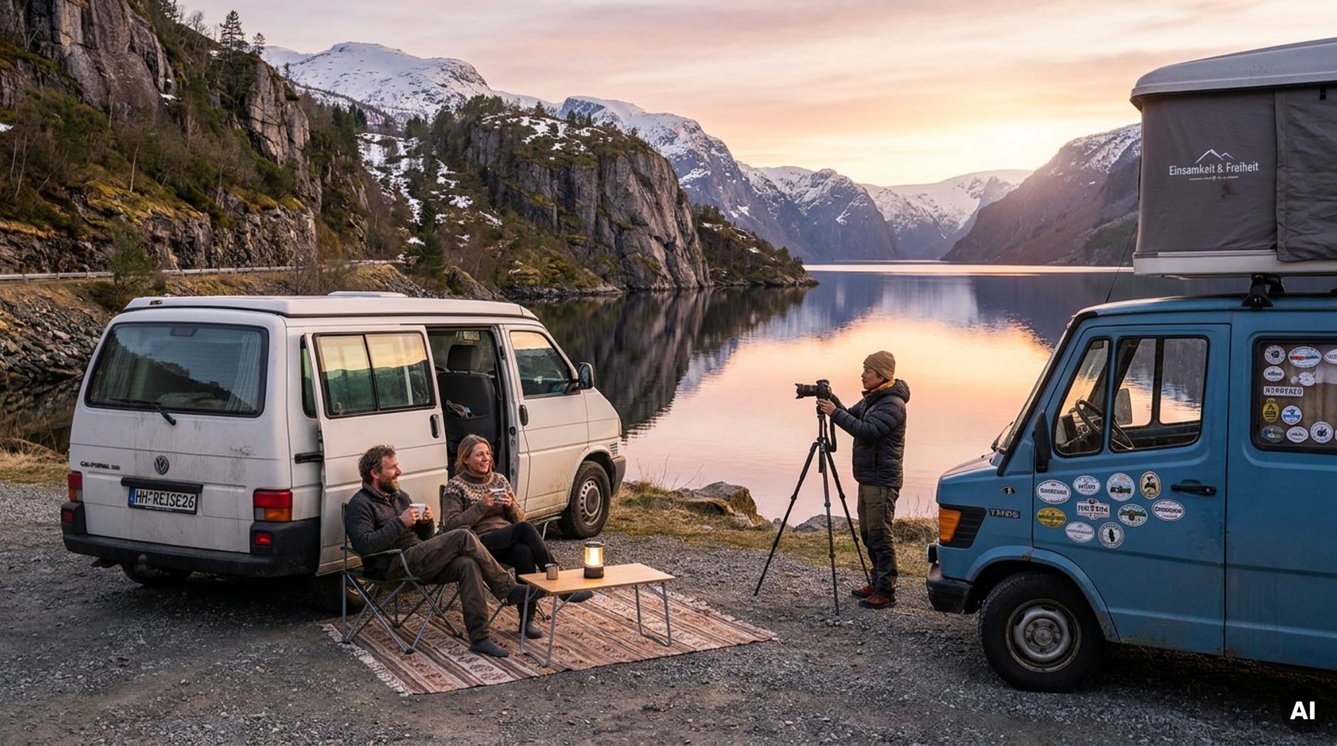 Zwei Campervans in einer Fjordlandschaft mit einem Paar und einer Person, die die Natur genießen und fotografieren.