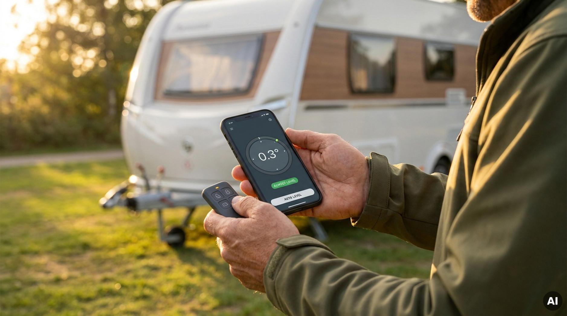 A smartphone displays a vehicle-leveling app with a digital spirit level beside a remote, while a modern caravan stands on a sunlit campsite.