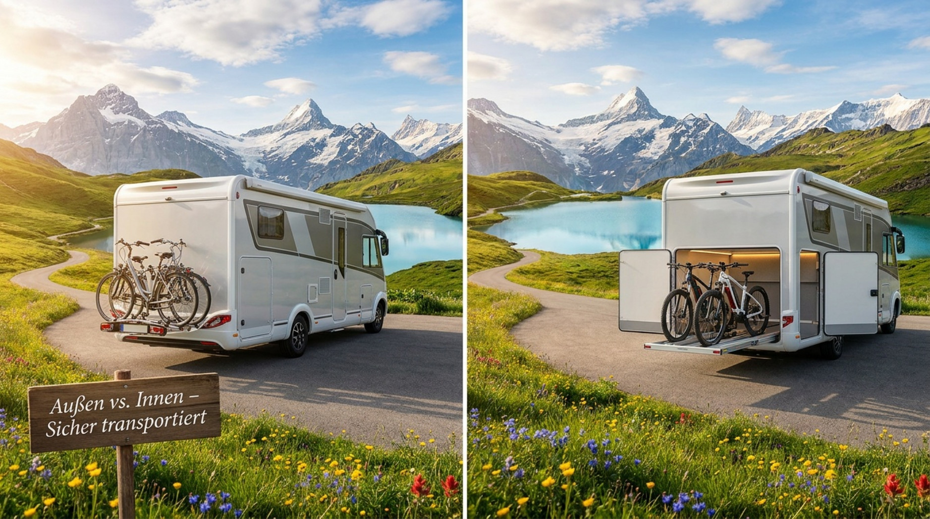 Fotorealistische Illustration eines sonnigen Vergleichsbildes mit einem modernen Wohnmobil und Fahrrädern im Urlaubssetting.