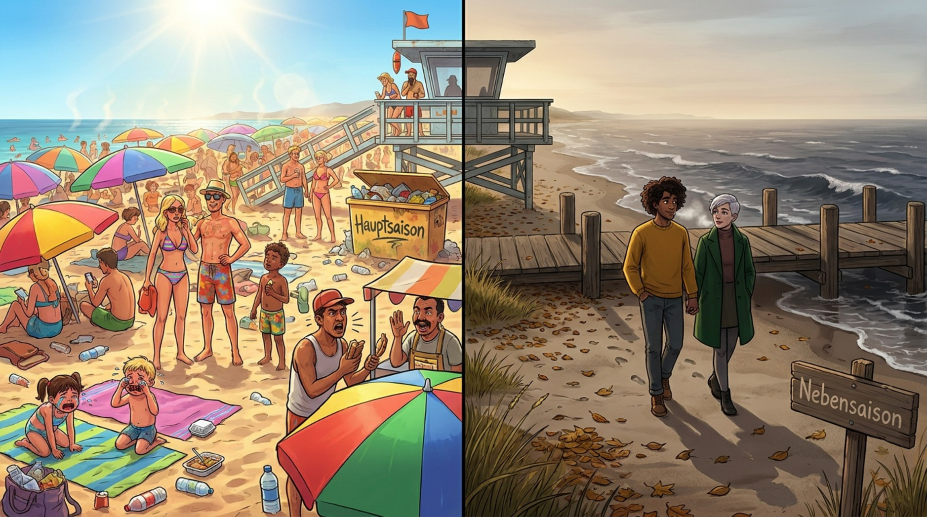 Eine Split-Screen-Illustration zeigt einen überfüllten Sommerschlag in Chaos auf der linken Seite und einen ruhigen Herbststrand mit einem Paar auf der rechten Seite.