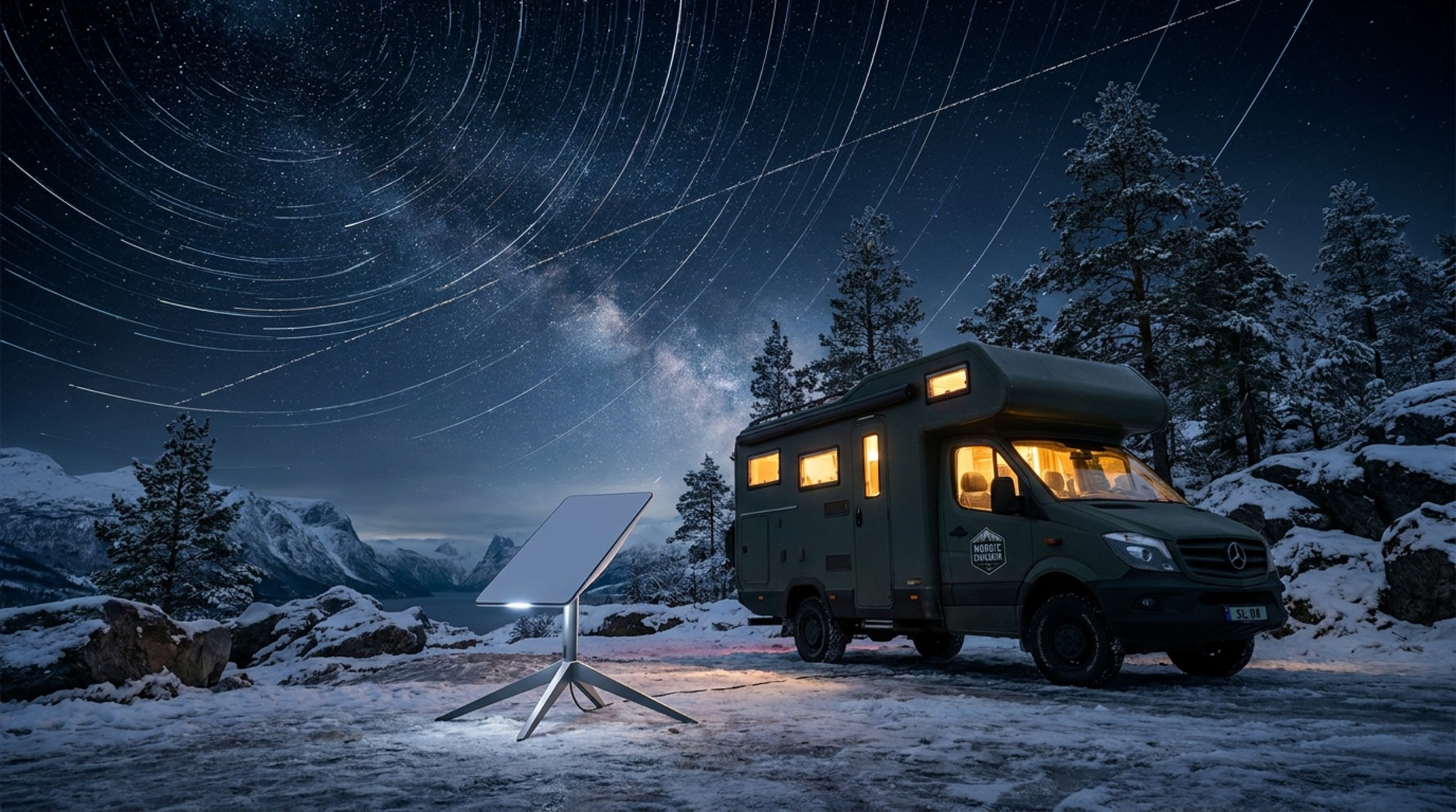 Eine fotorealistische Darstellung einer Starlink-Antenne neben einem Camper in einer sternenklaren Nacht in Skandinavien, mit sichtbaren Satellitenlichtspuren am Himmel.