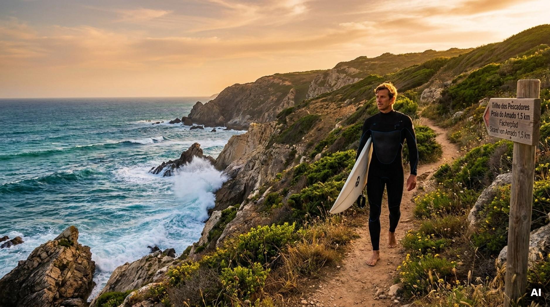 Ein Surfer trägt sein Surfbrett und geht entlang der rauen Klippen der Costa Vicentina bei Sonnenuntergang.