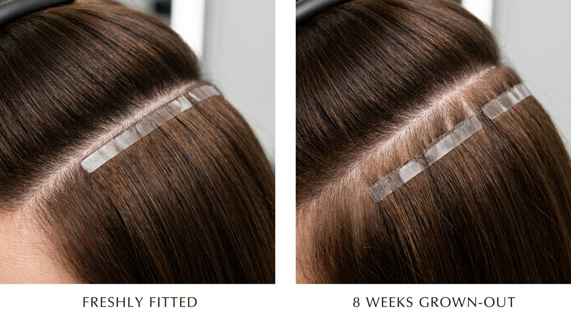 Side-by-side comparison of tape-in hair extensions showing fresh placement and after 8 weeks of growth with natural root regrowth.