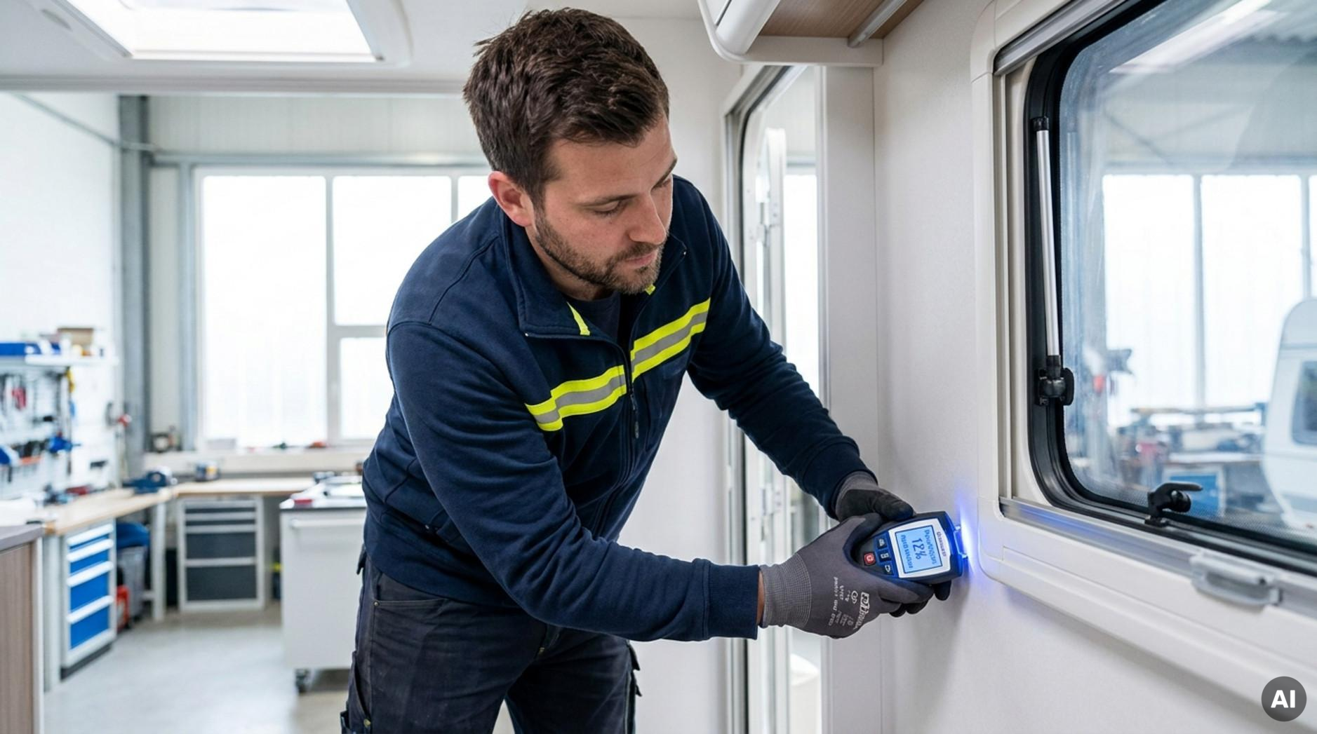 Techniker führt eine Dichtigkeitsprüfung an einem Wohnwagen durch, hält ein Feuchtigkeitsmessgerät an die Innenwand.
