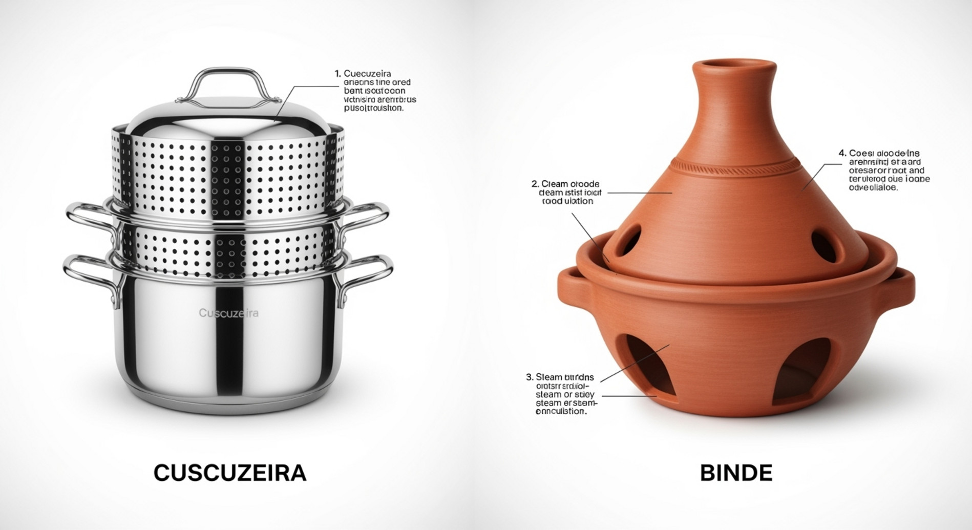 Side-by-side illustration of a modern metal cuscuzeira and a rustic terracotta binde showing traditional cooking tools for cuscuz.