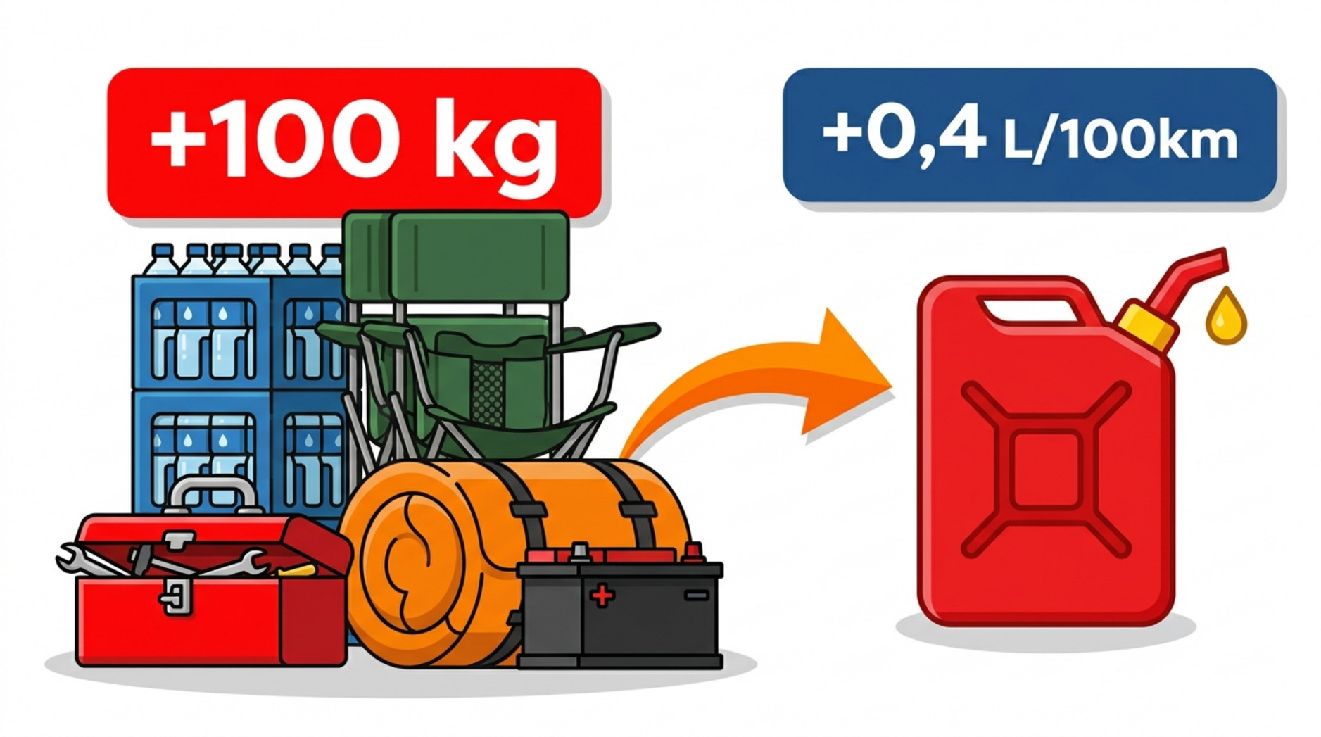 Eine Infografik zeigt zusätzliches Gepäck als Gewicht und den Einfluss auf den Kraftstoffverbrauch durch einen Pfeil zu einem Benzinkanister mit Verbrauchsangabe.