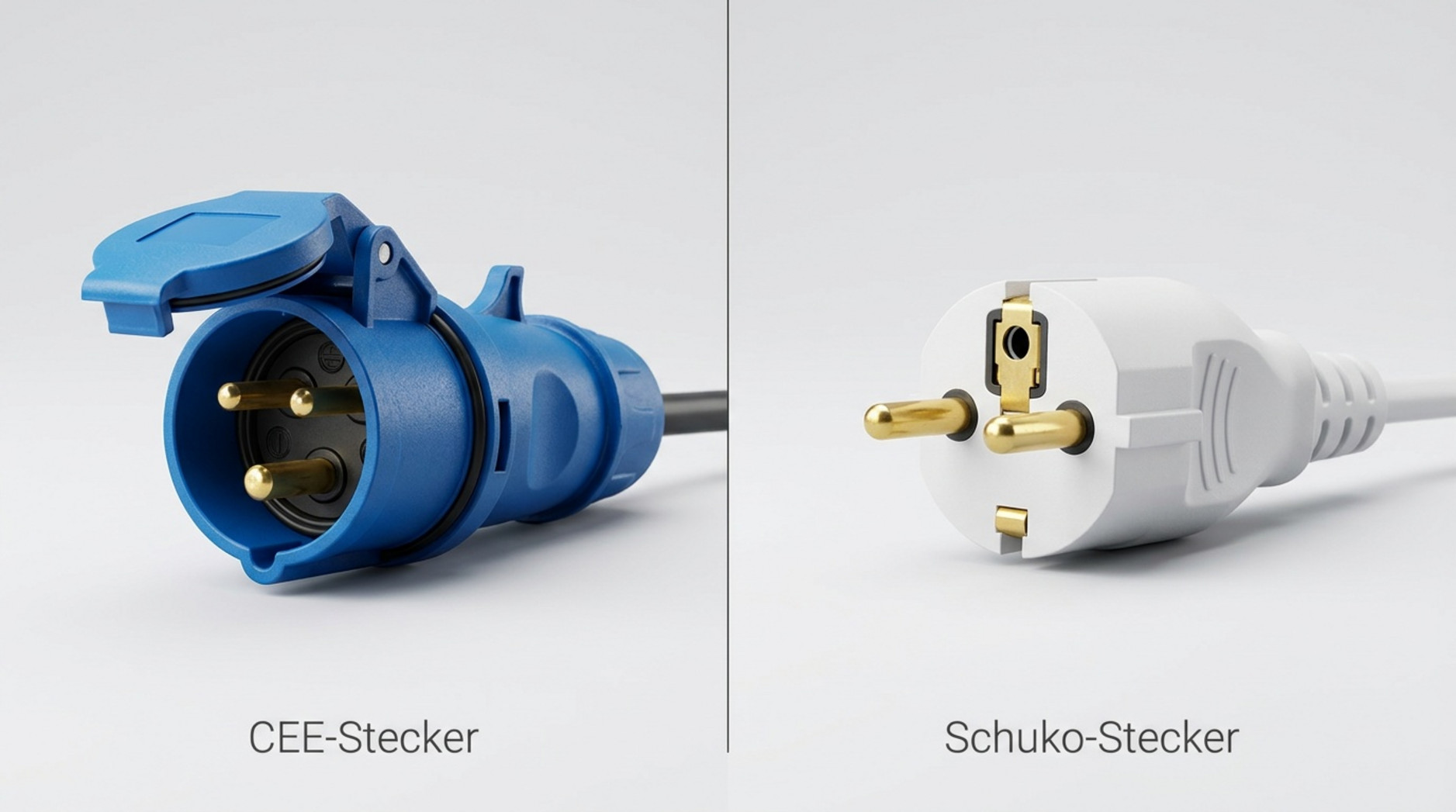 Vergleich zweier Steckertypen mit Fokus auf Form und Schutzmerkmale, zeigt einen robusten blauen CEE-Stecker und einen weißen Schuko-Stecker nebeneinander.