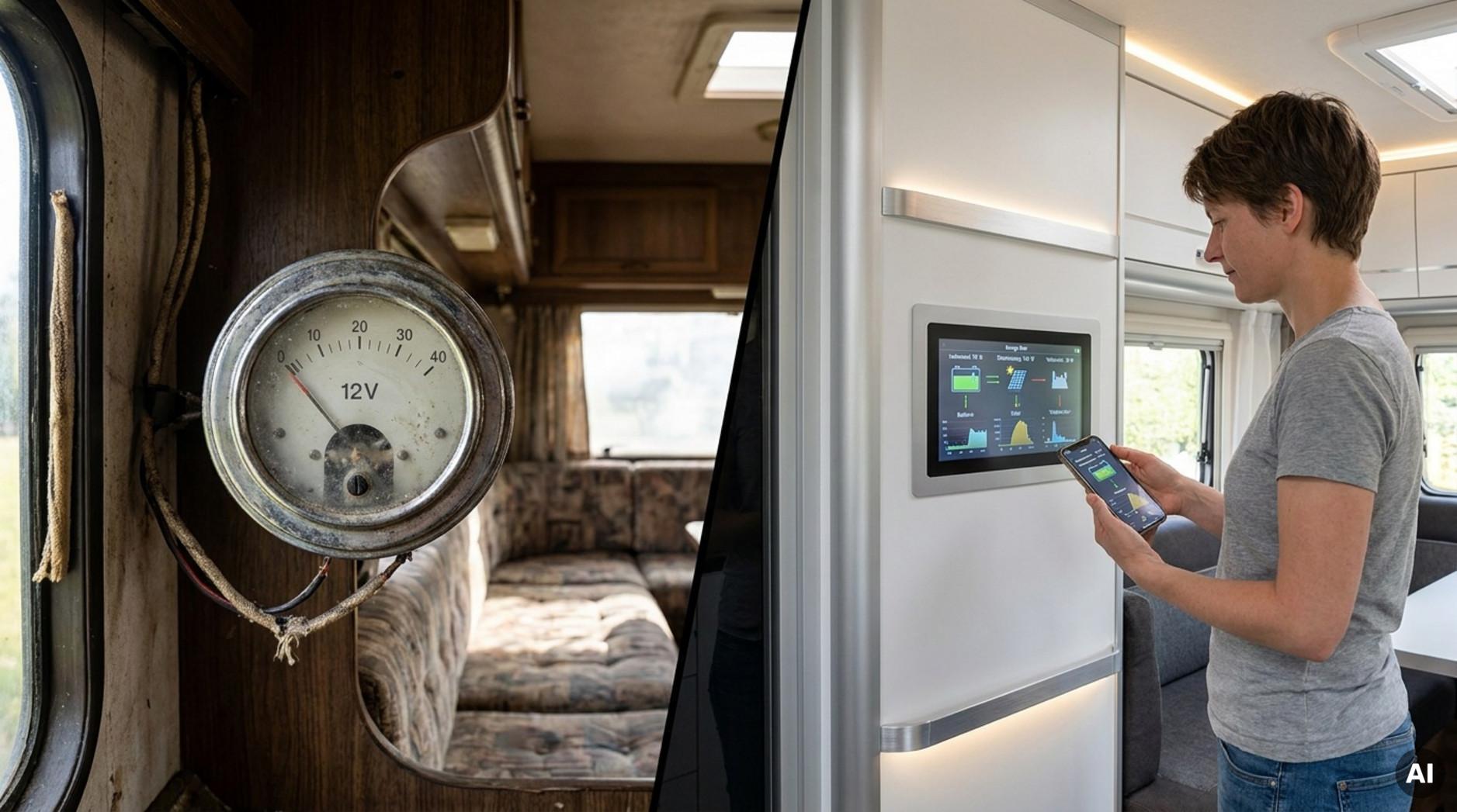 Split-Screen zeigt alte analoge Energieanzeige und modernes digitales System in Wohnmobilen.