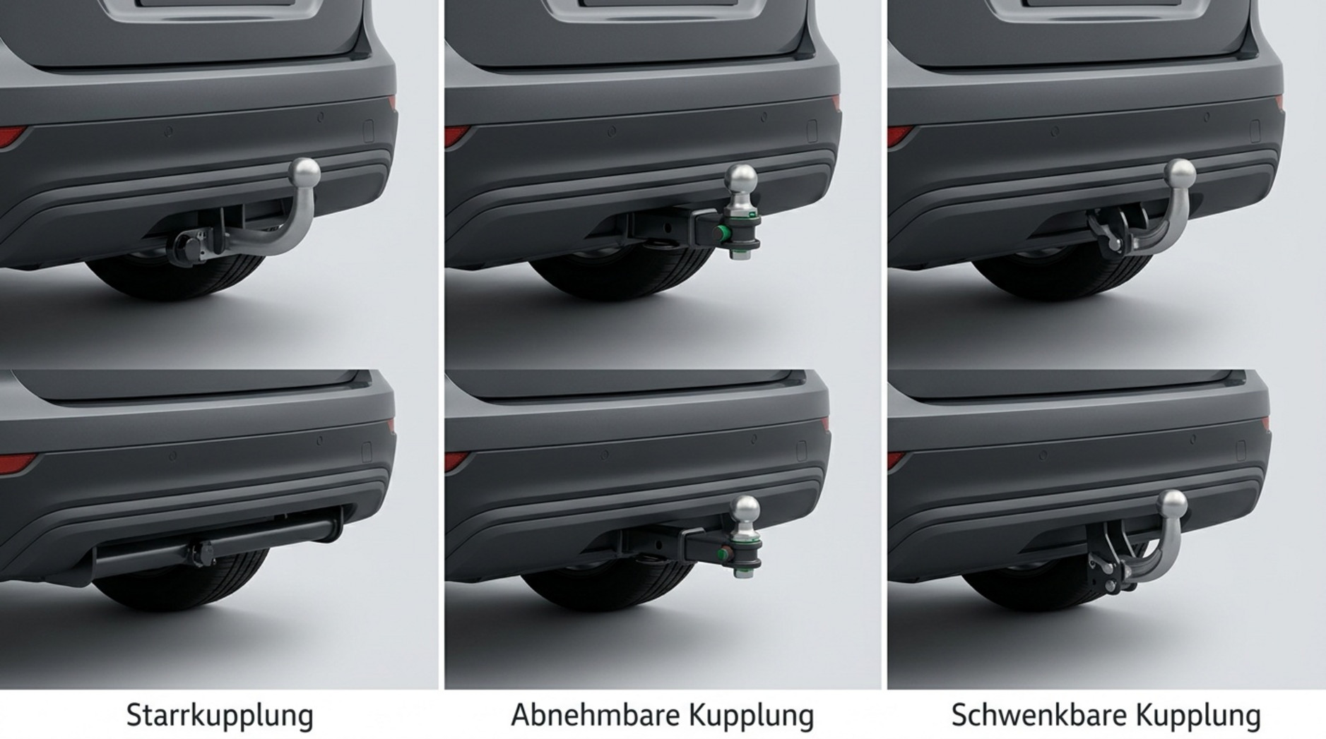 Vergleich von starrer, abnehmbarer und schwenkbarer Anhängerkupplung am Fahrzeugheck.