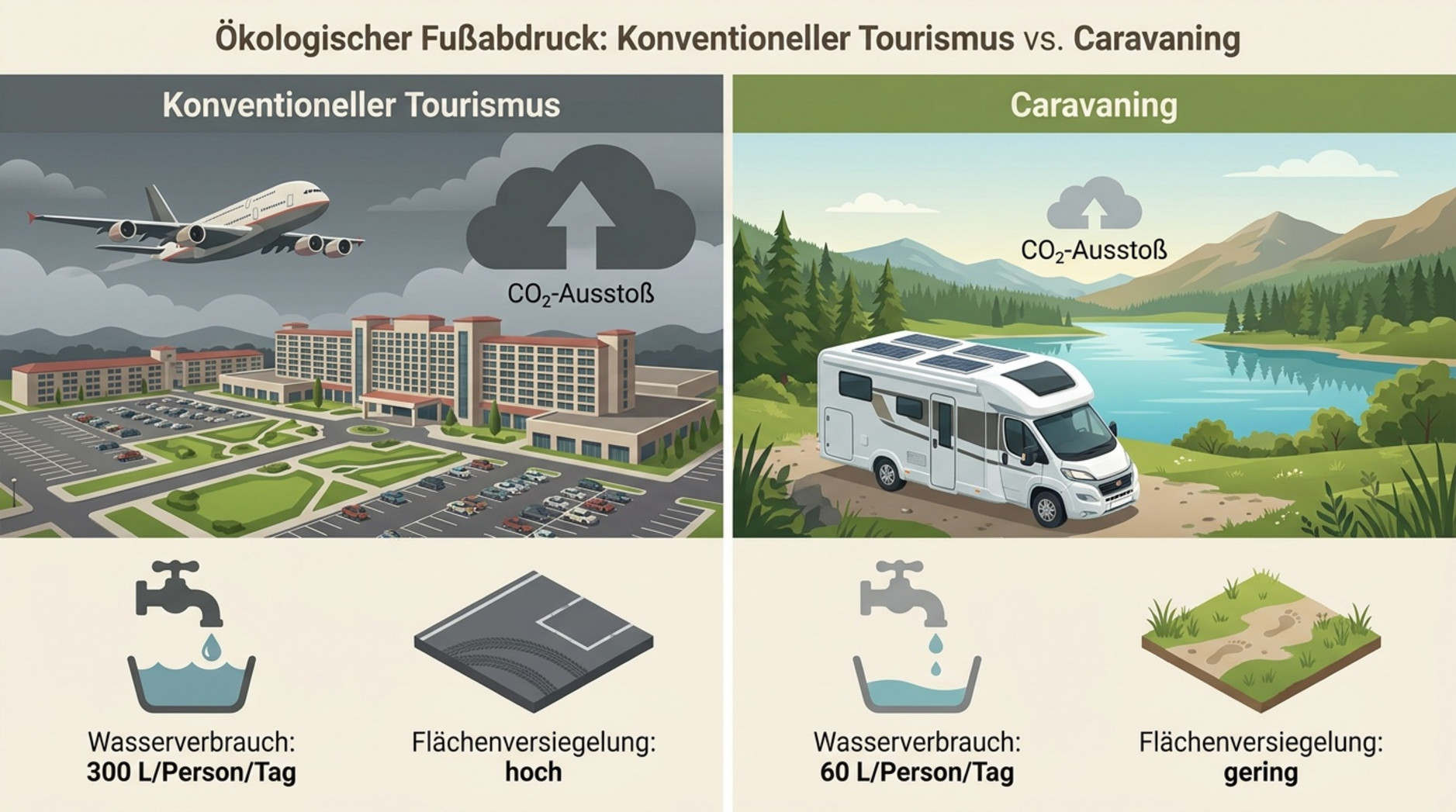 Infografik vergleicht den ökologischen Fußabdruck von Tourismus und Caravaning mit Symbolen für CO2, Wasserverbrauch und Flächenversiegelung.