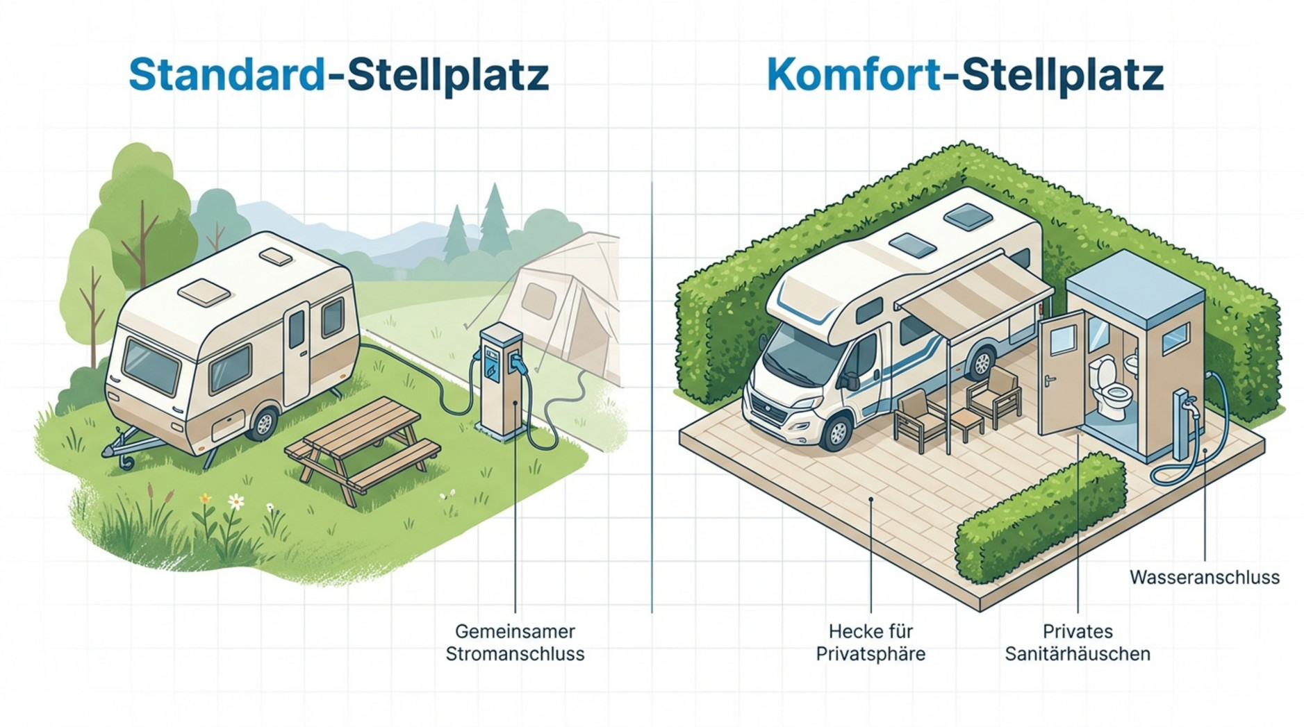 Infografik vergleicht Standard- und Komfort-Stellplätze in den Niederlanden mit unterschiedlichen Annehmlichkeiten.