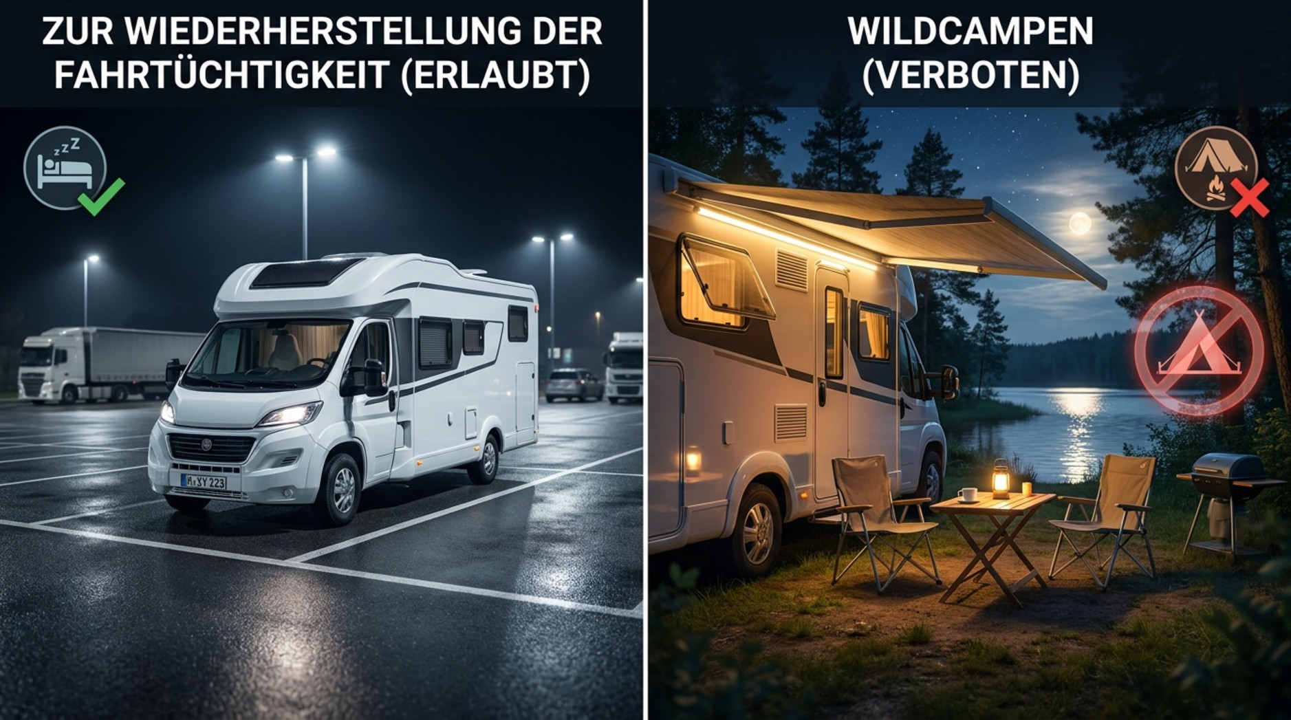Split-Screen-Illustration zeigt erlaubtes nächtigen auf einem Autobahnparkplatz und verbotenes wildcampen am Seeufer mit Campingausrüstung.