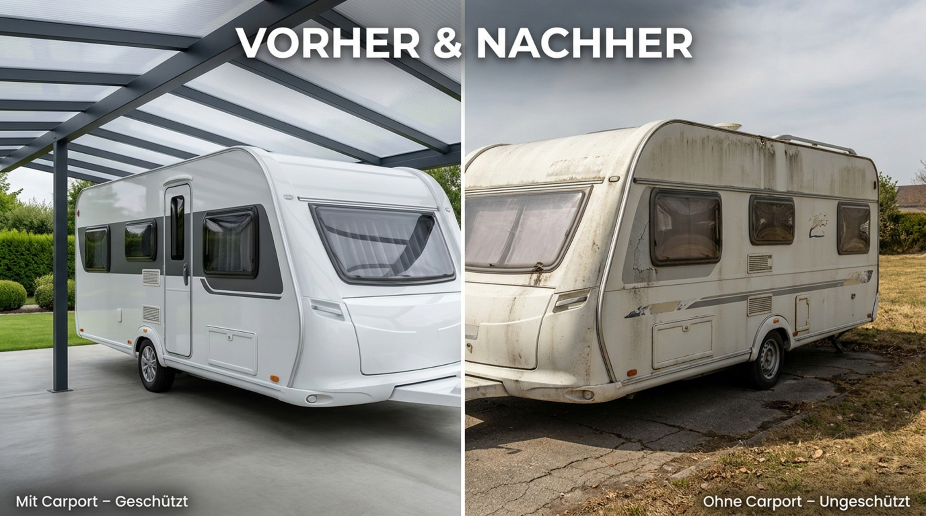 Vergleich zwischen einem geschützten Wohnwagen unter einem Carport und einem ungeschützten im Freien mit sichtbarer Verwitterung.