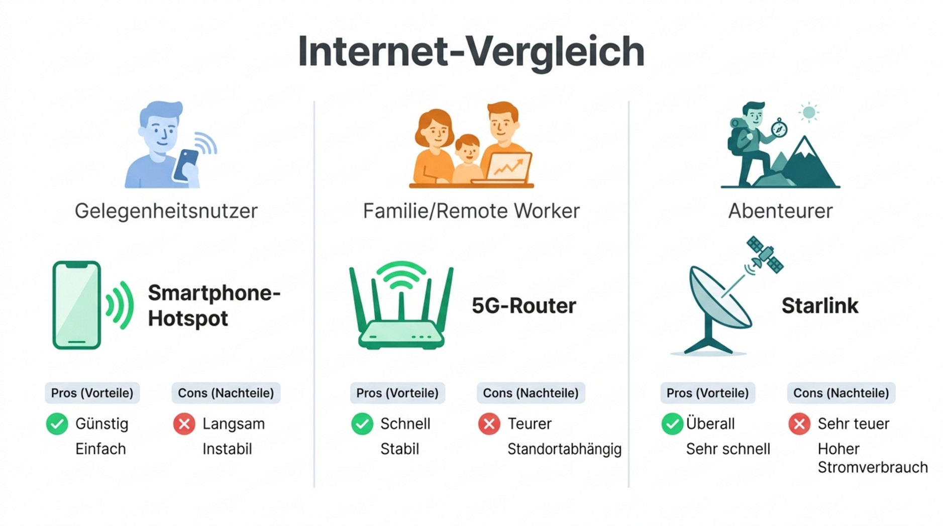 Übersichtliche Vergleichsgrafik moderner Flat-Designs zeigt drei Nutzerprofile mit passenden Internetlösungen und kurzen Vor- und Nachteilen.