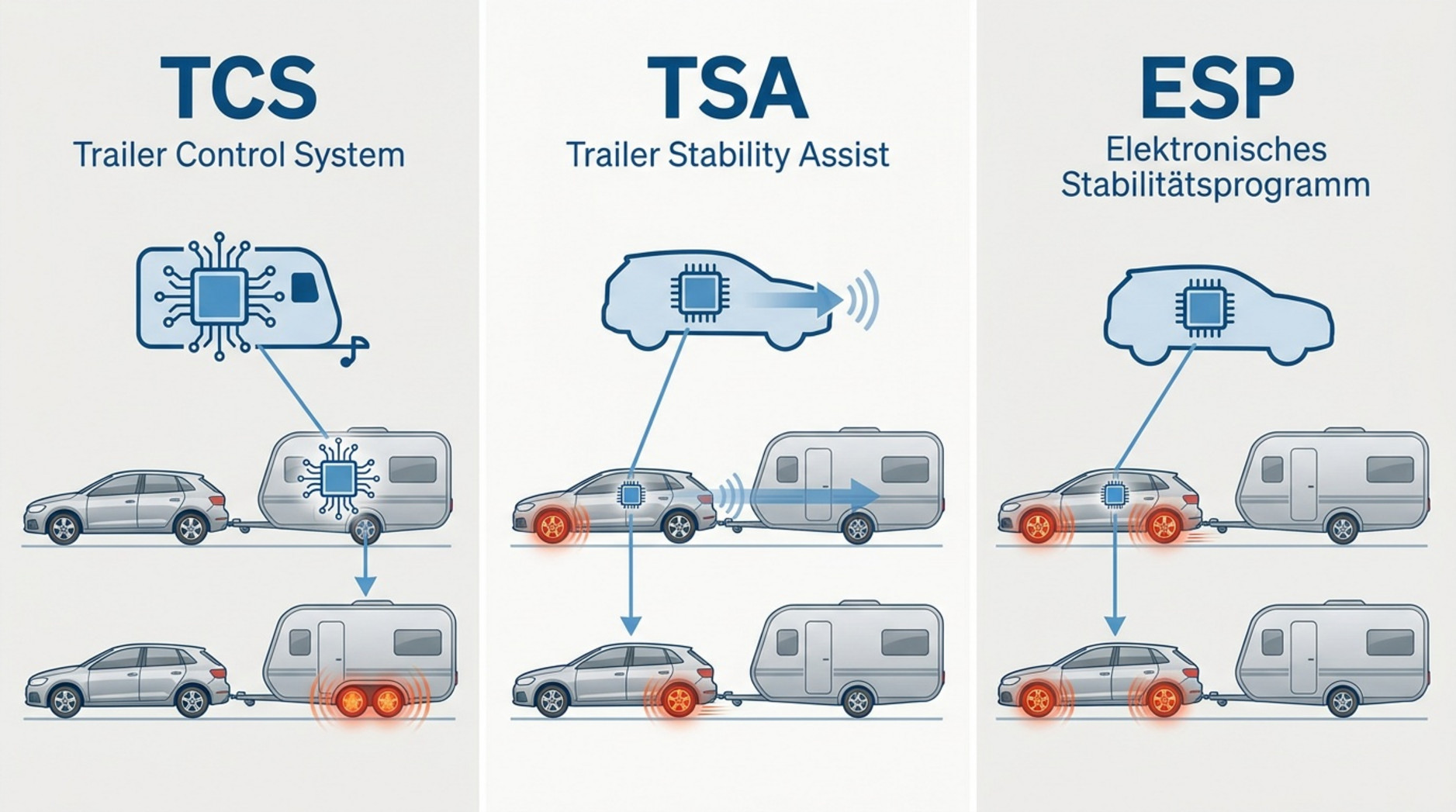 Vergleichsgrafik der drei Stabilisierungssysteme TCS TSA und ESP mit Icons und Einsatzbereichen.