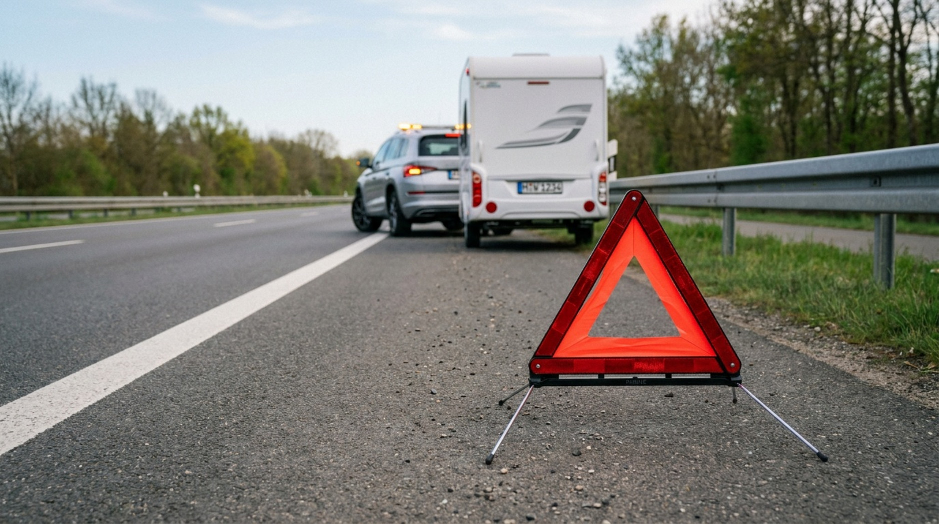 Eine Verkehrsszene am Straßenrand mit Warndreieck und einem stehenden Auto mit Wohnwagen bei Tageslicht.