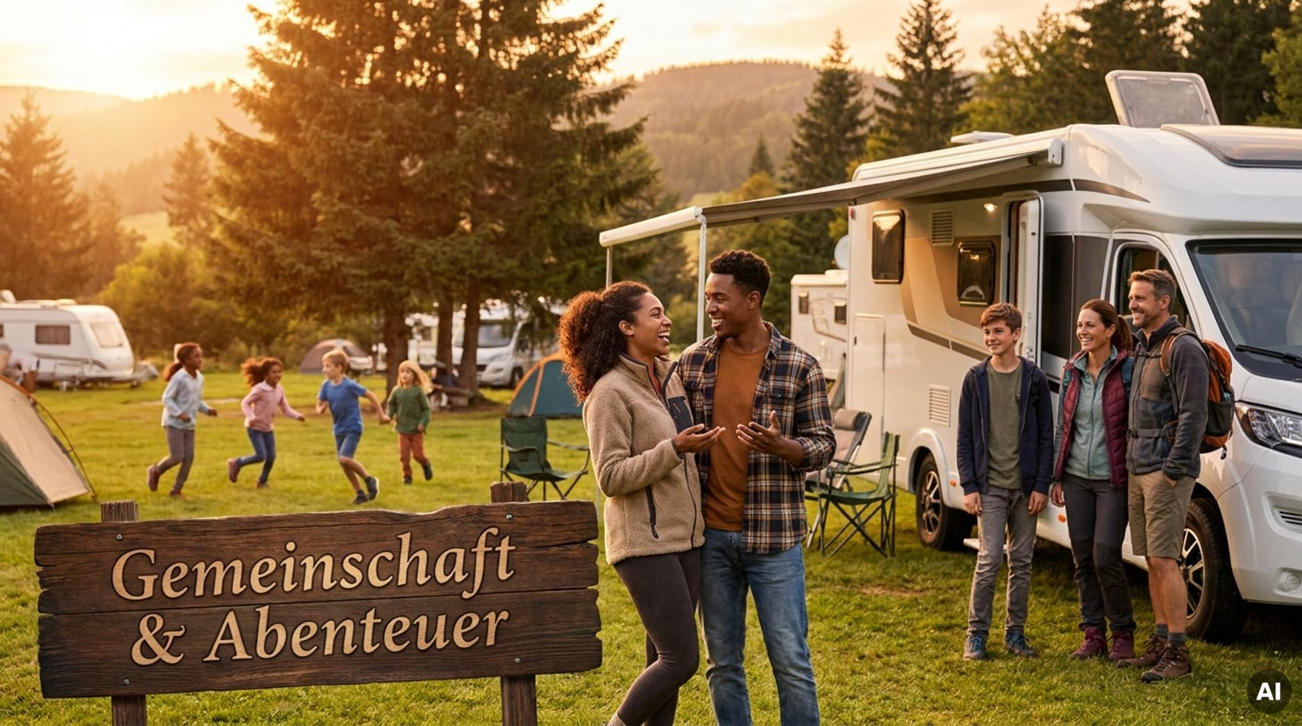 Eine lebendige Szene von Reisenden, die auf einem Campingplatz Kontakte knüpfen, mit lachendem Paar und Familie im warmen Abendlicht.