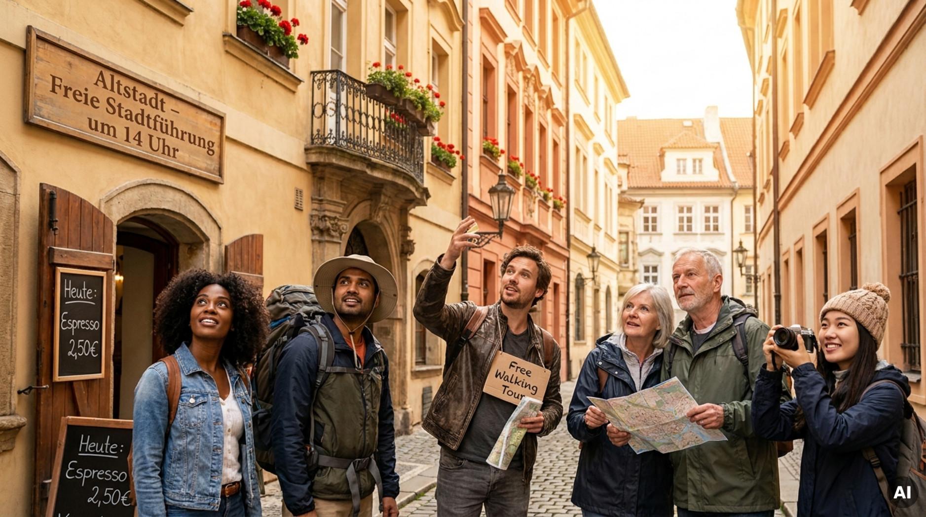 Vielfältige Gruppe von Rucksacktouristen folgt einem Guide durch eine enge historische europäische Stadtgasse bei Sonnenlicht.