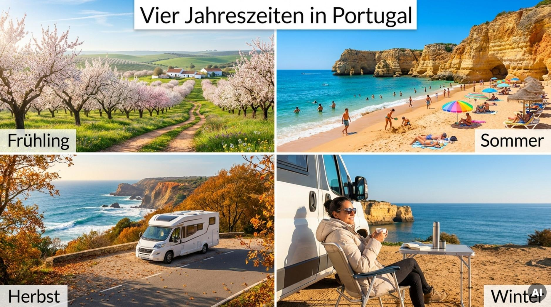 Fotocollage zeigt die vier Jahreszeiten in Portugal mit Frühling, Sommer, Herbst und Winter an verschiedenen Orten.