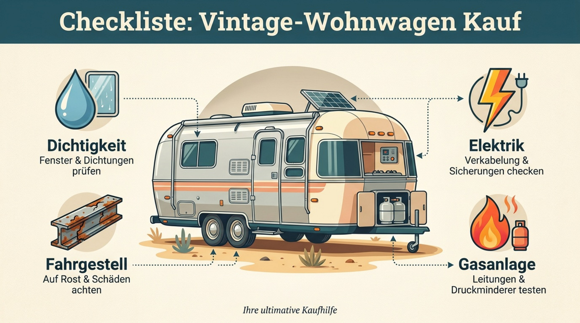 Detaillierte Infografik mit Prüfpunkten für den Kauf eines Vintage-Wohnwagens, zeigt Symbole für Dichtigkeit Rost Elektrik und Gasanlage als Checkliste.
