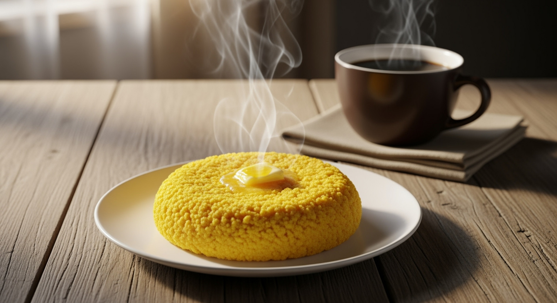 A cozy breakfast scene featuring steaming yellow cuscuz on a rustic wooden table with a cup of black coffee in the background.